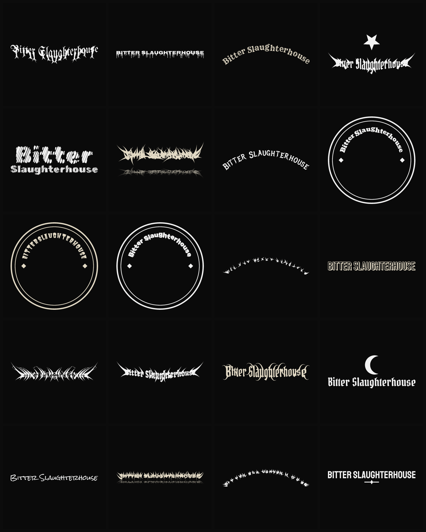 Twenty Bitter Slaughterhouse band logo ideas — different faces, treatments and spike settings