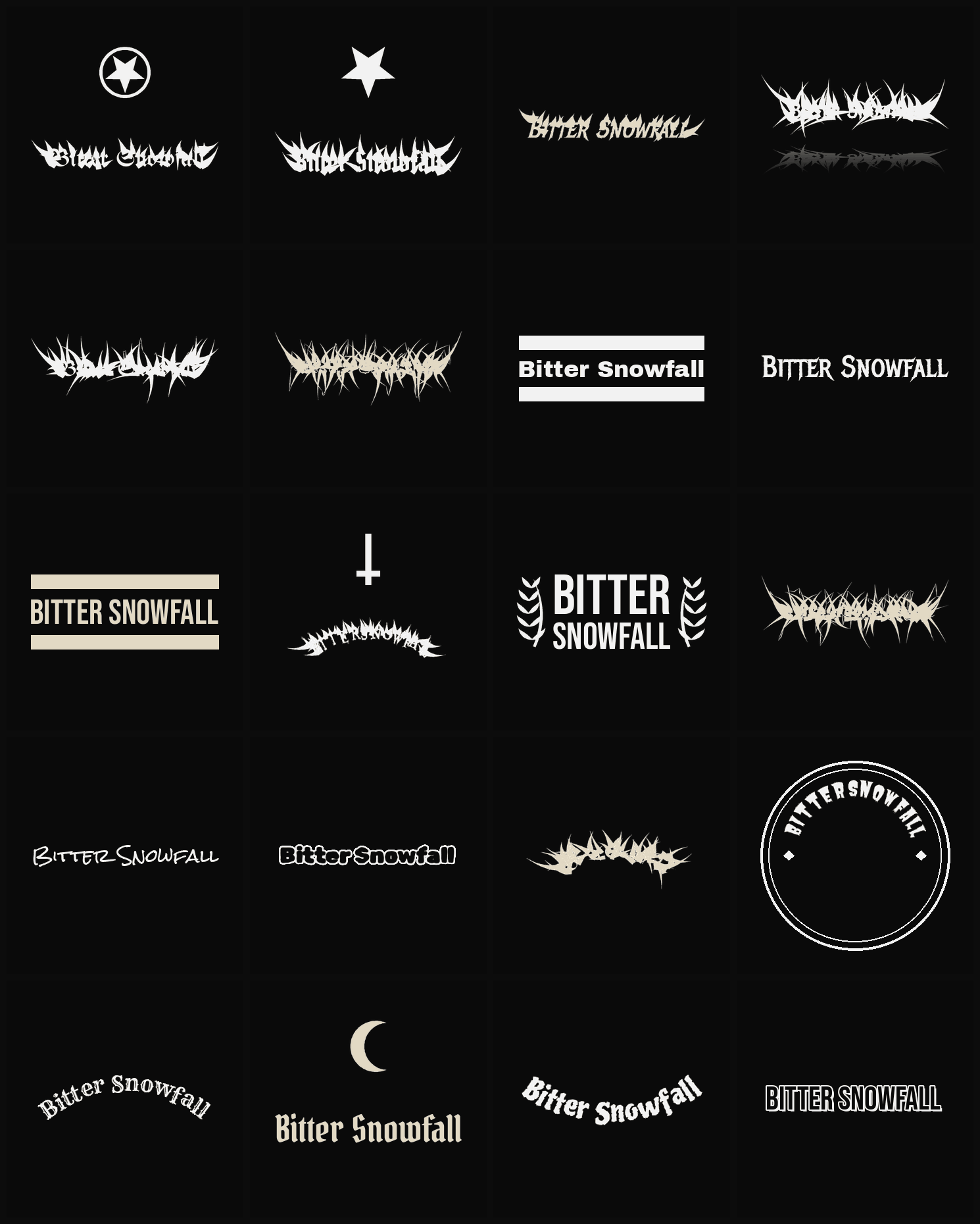 Twenty Bitter Snowfall band logo ideas — different faces, treatments and spike settings