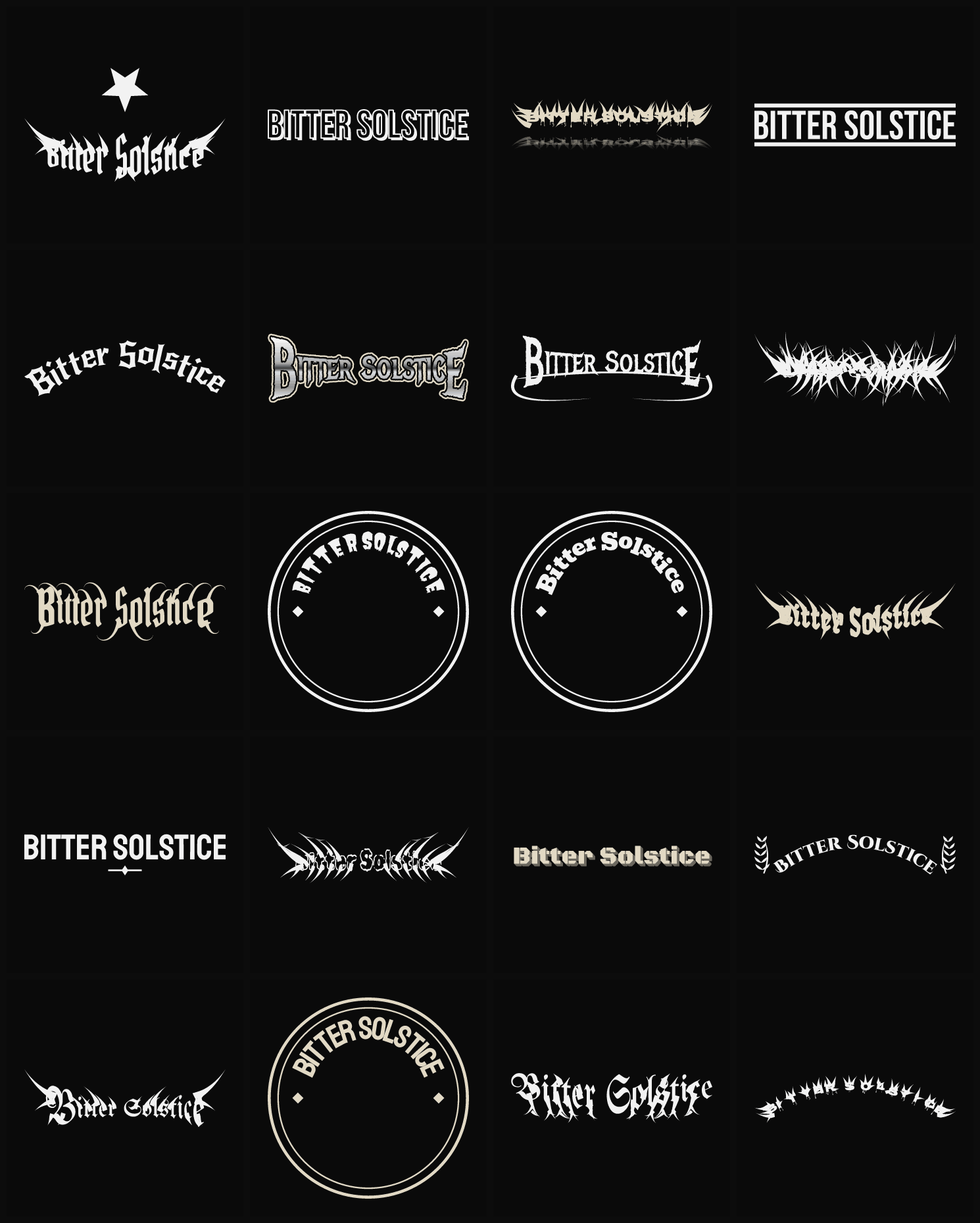 Twenty Bitter Solstice band logo ideas — different faces, treatments and spike settings