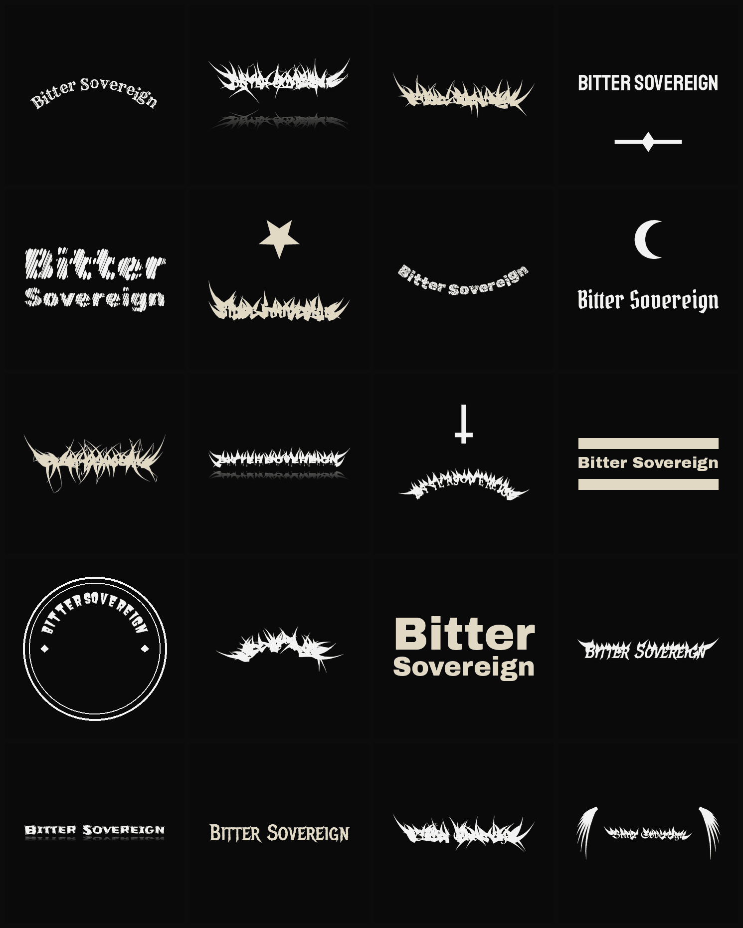 Twenty Bitter Sovereign band logo ideas — different faces, treatments and spike settings