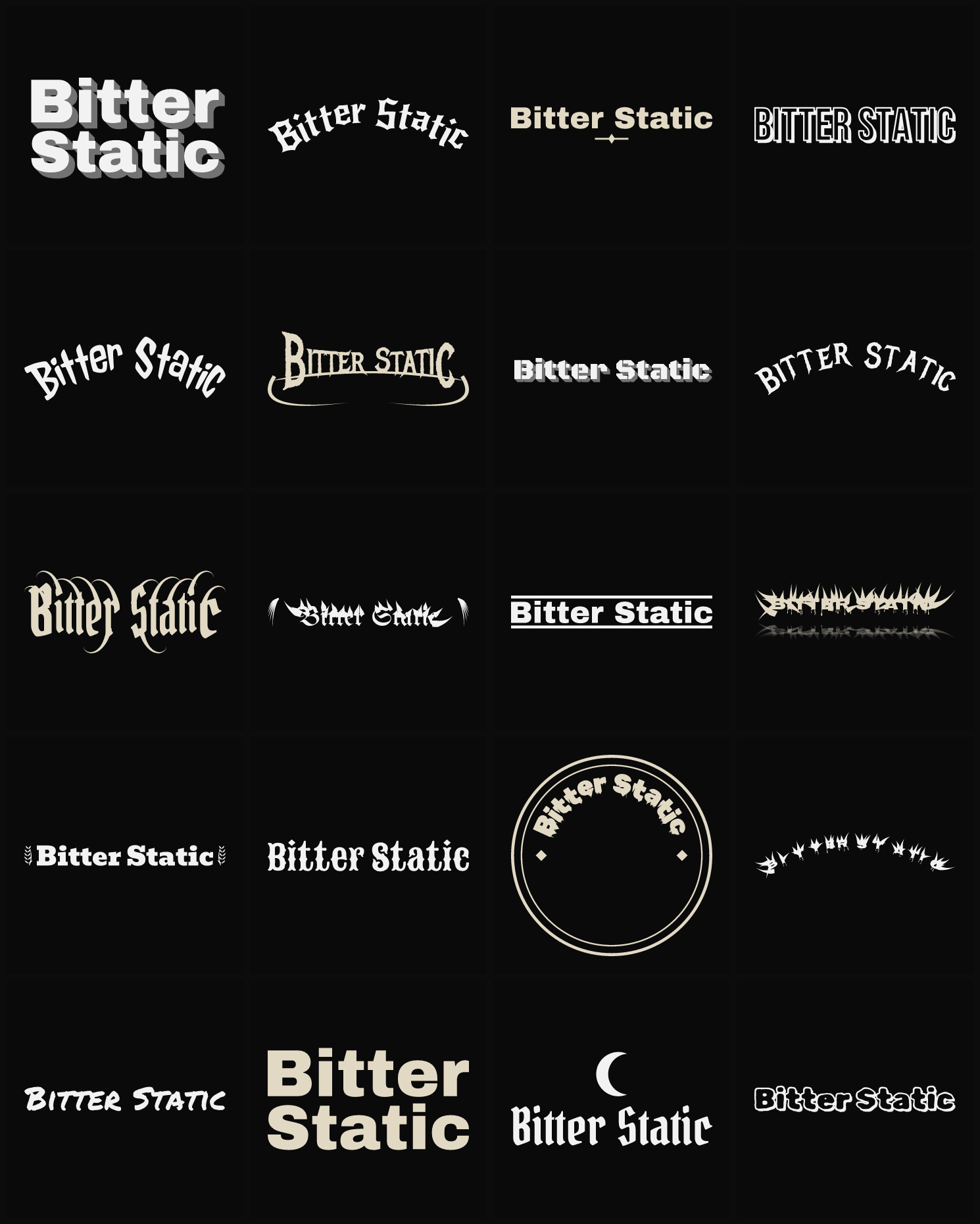 Twenty Bitter Static band logo ideas — different faces, treatments and spike settings