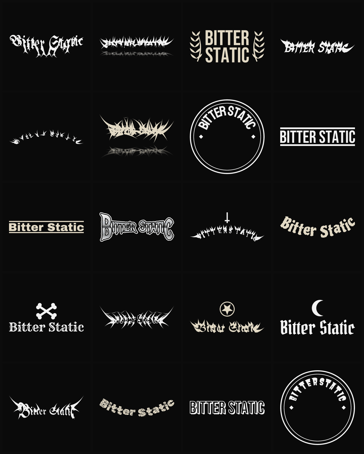 Twenty Bitter Static band logo ideas — different faces, treatments and spike settings