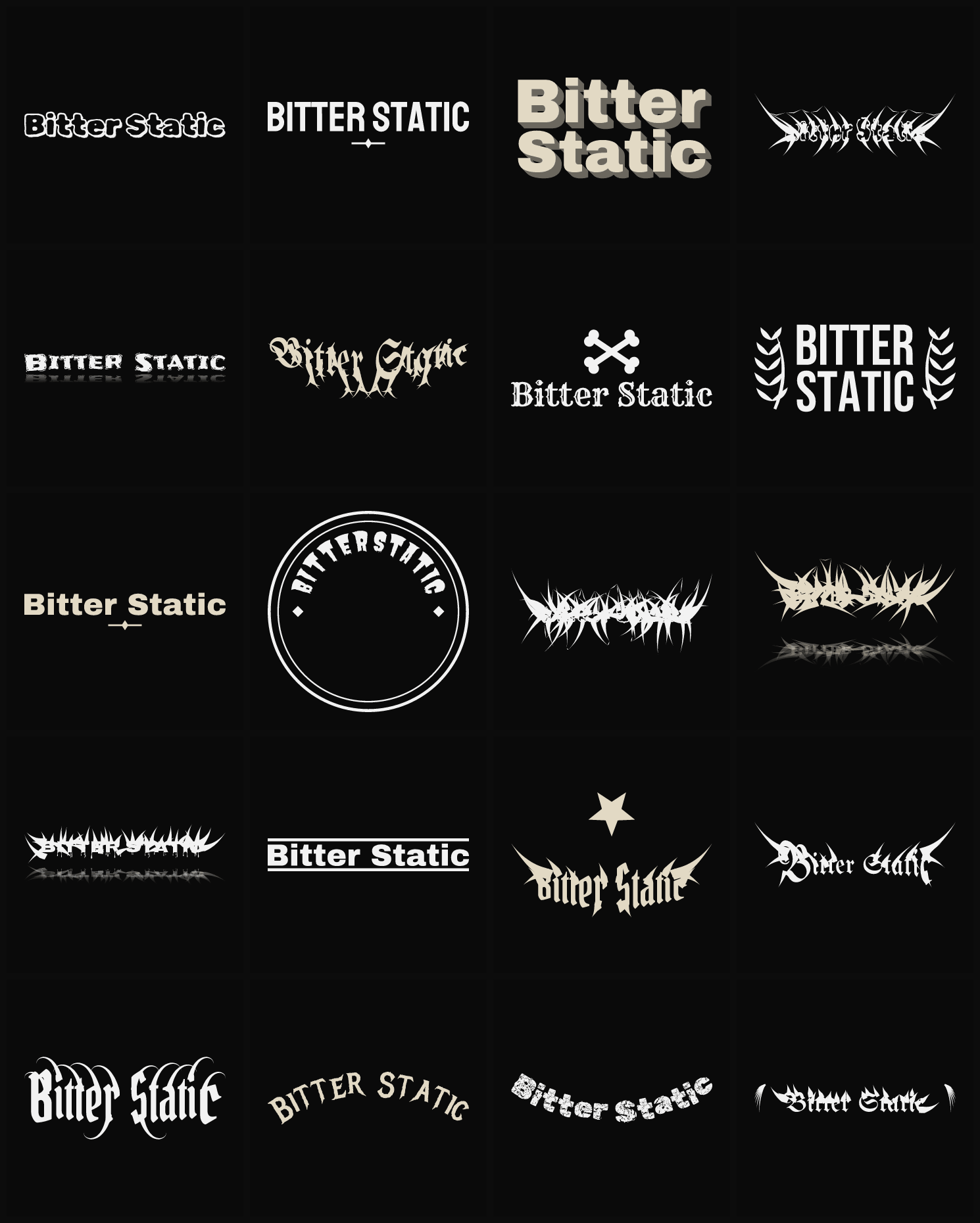 Twenty Bitter Static band logo ideas — different faces, treatments and spike settings