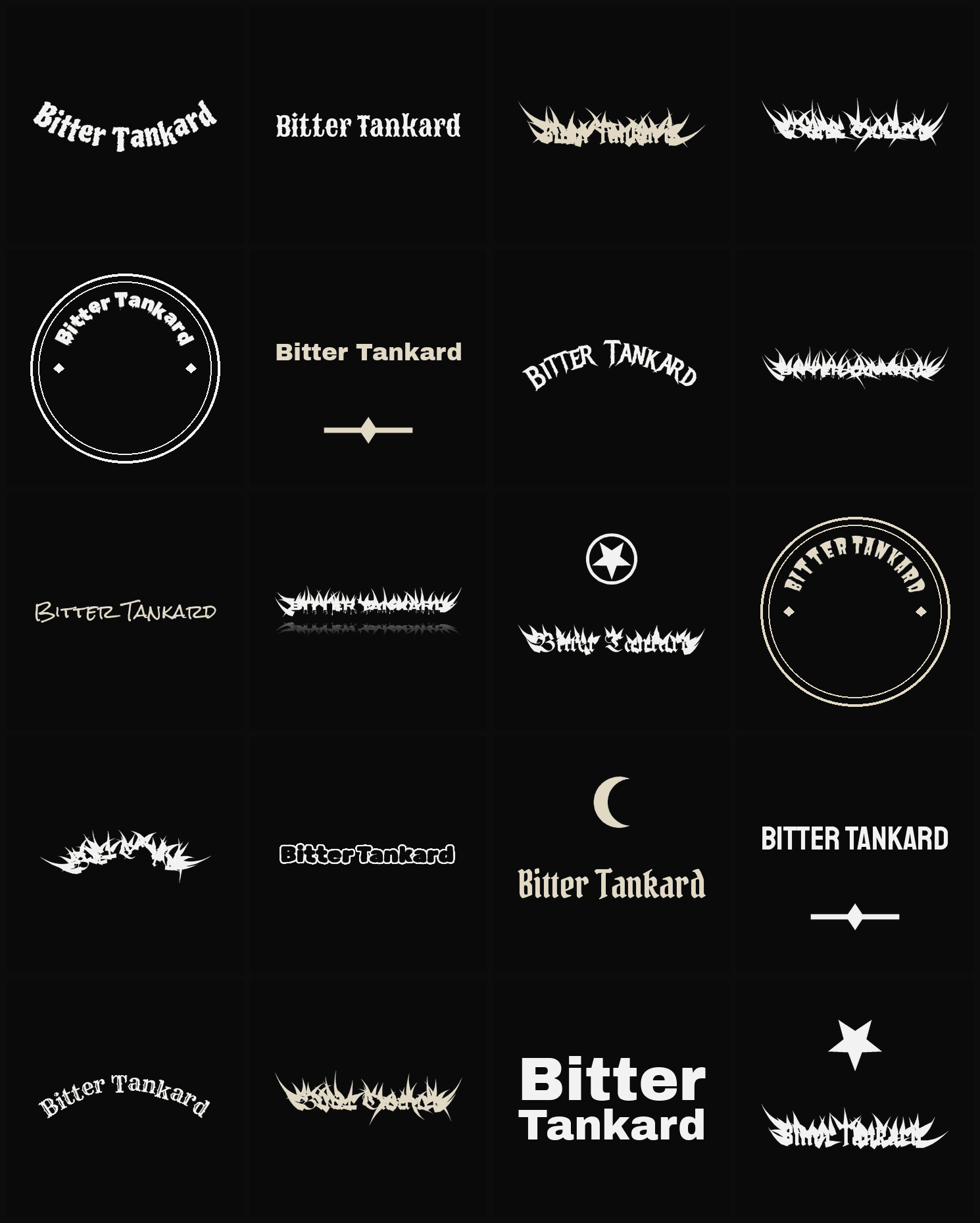 Twenty Bitter Tankard band logo ideas — different faces, treatments and spike settings