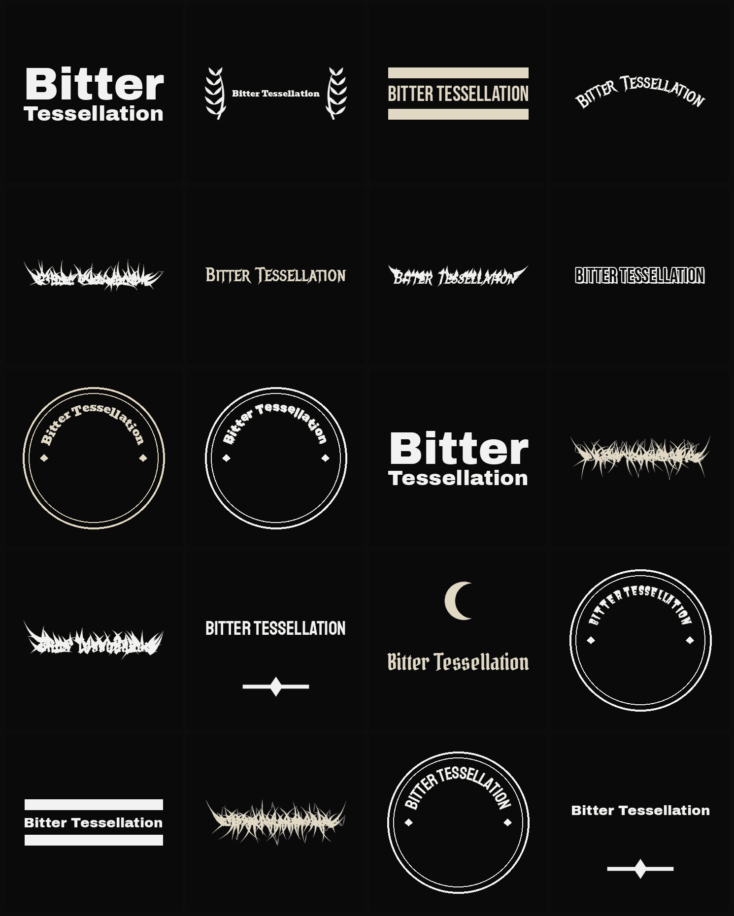 Twenty Bitter Tessellation band logo ideas — different faces, treatments and spike settings