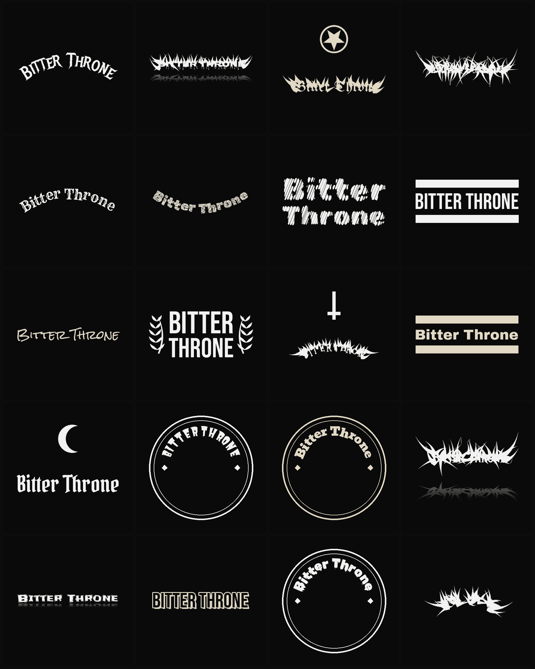 Twenty Bitter Throne band logo ideas — different faces, treatments and spike settings