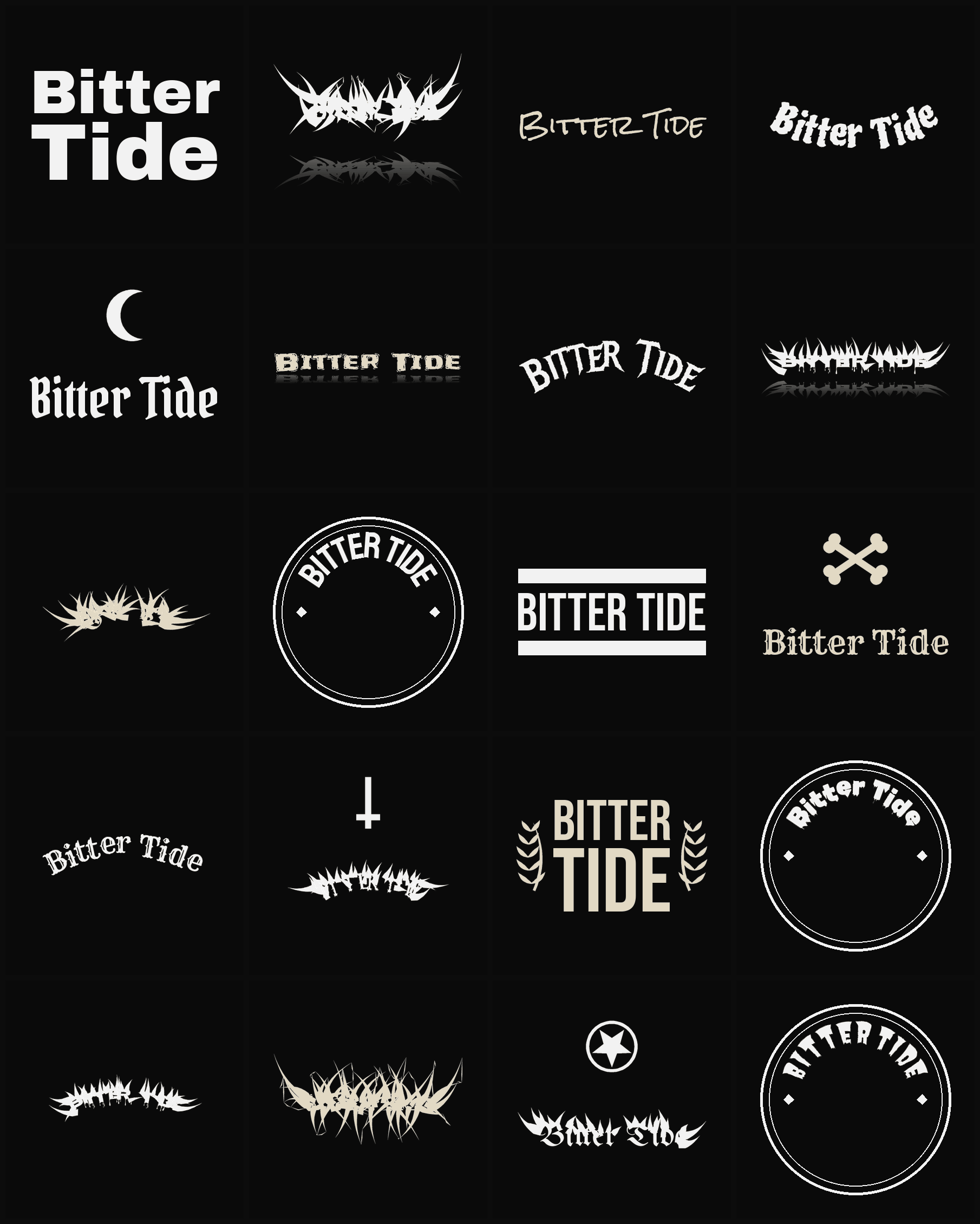 Twenty Bitter Tide band logo ideas — different faces, treatments and spike settings