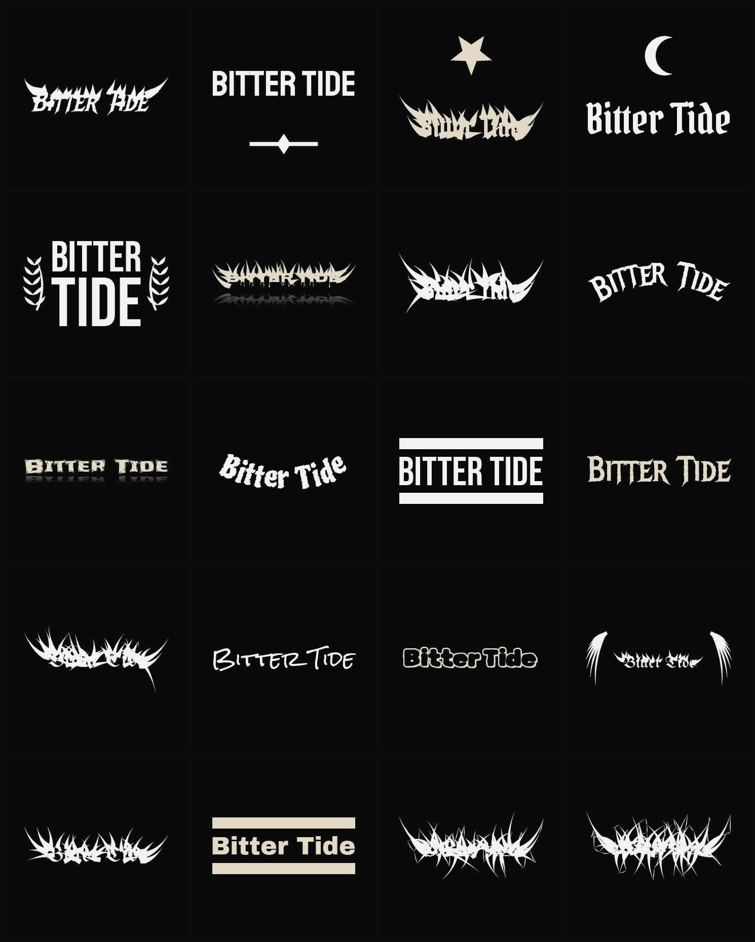 Twenty Bitter Tide band logo ideas — different faces, treatments and spike settings