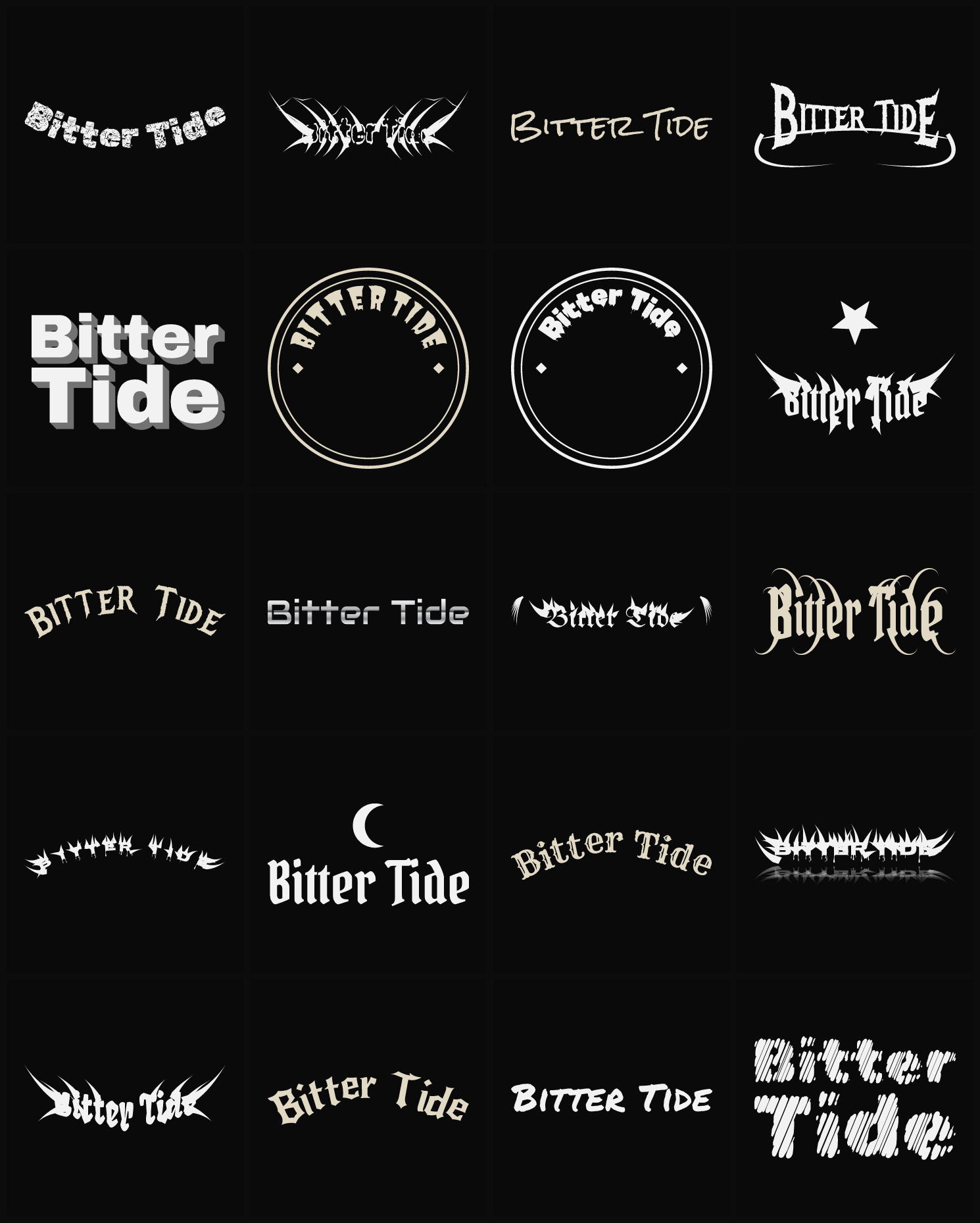 Twenty Bitter Tide band logo ideas — different faces, treatments and spike settings