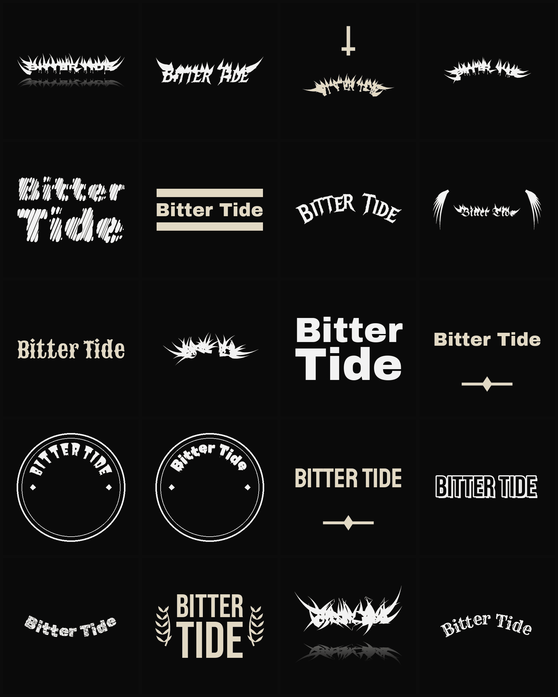 Twenty Bitter Tide band logo ideas — different faces, treatments and spike settings