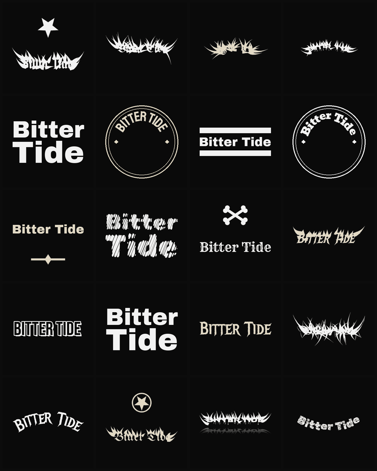 Twenty Bitter Tide band logo ideas — different faces, treatments and spike settings
