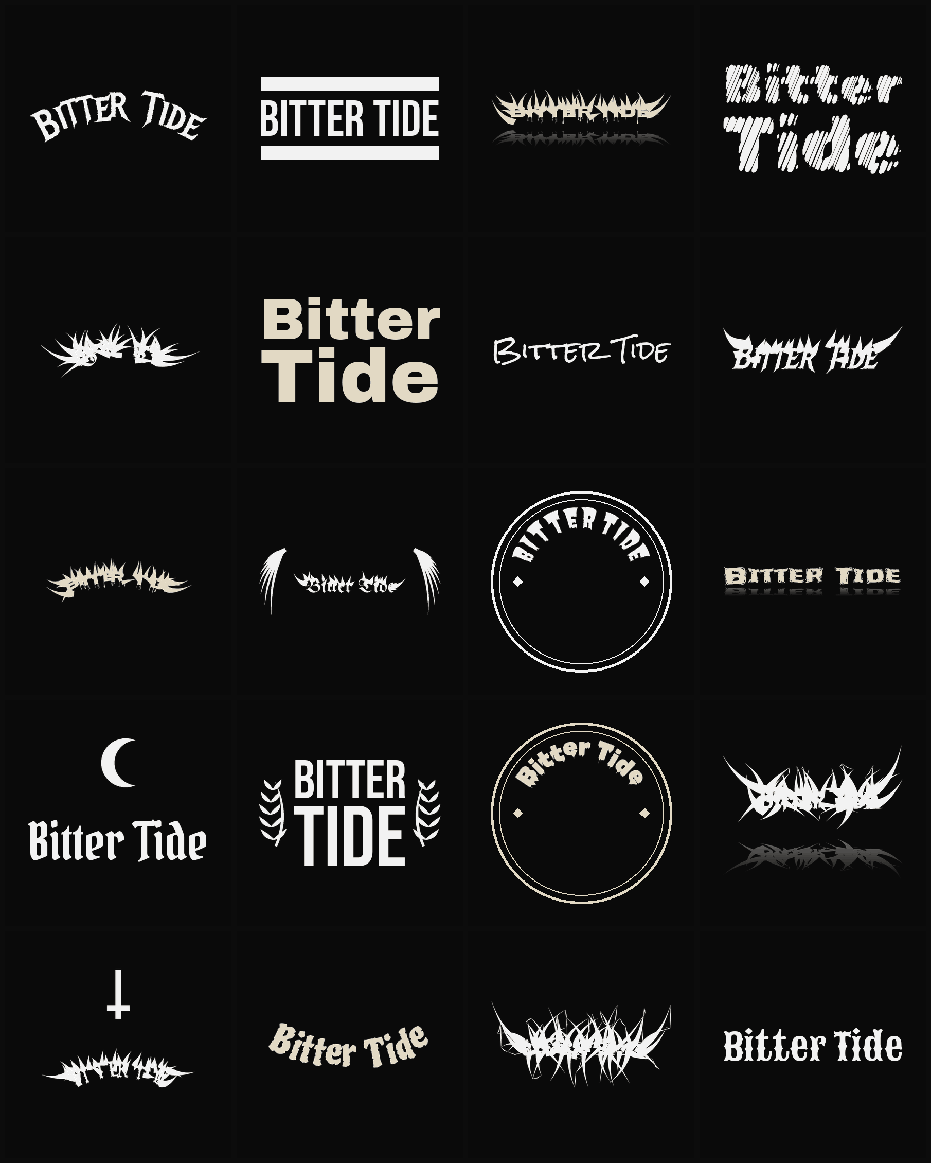 Twenty Bitter Tide band logo ideas — different faces, treatments and spike settings