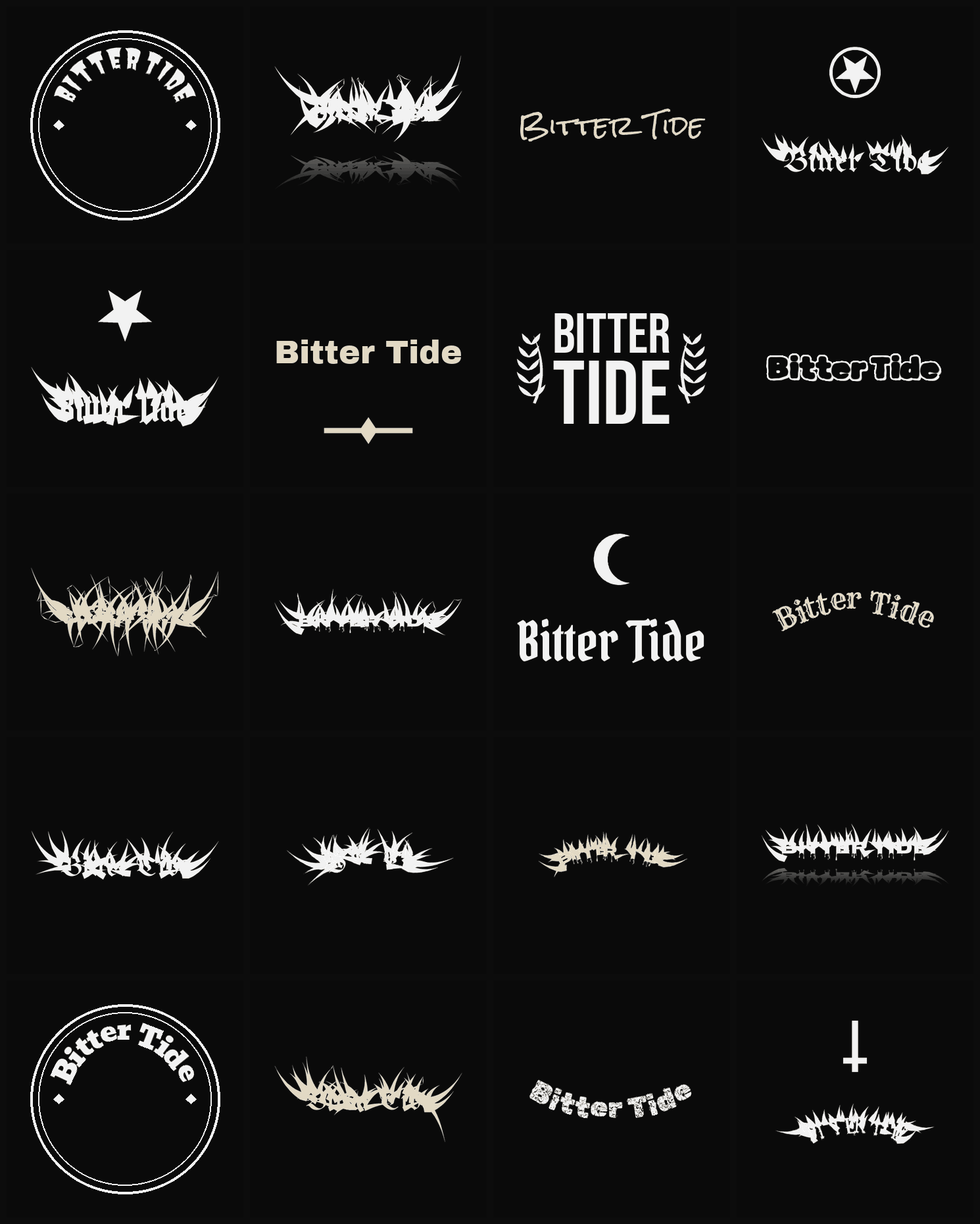 Twenty Bitter Tide band logo ideas — different faces, treatments and spike settings