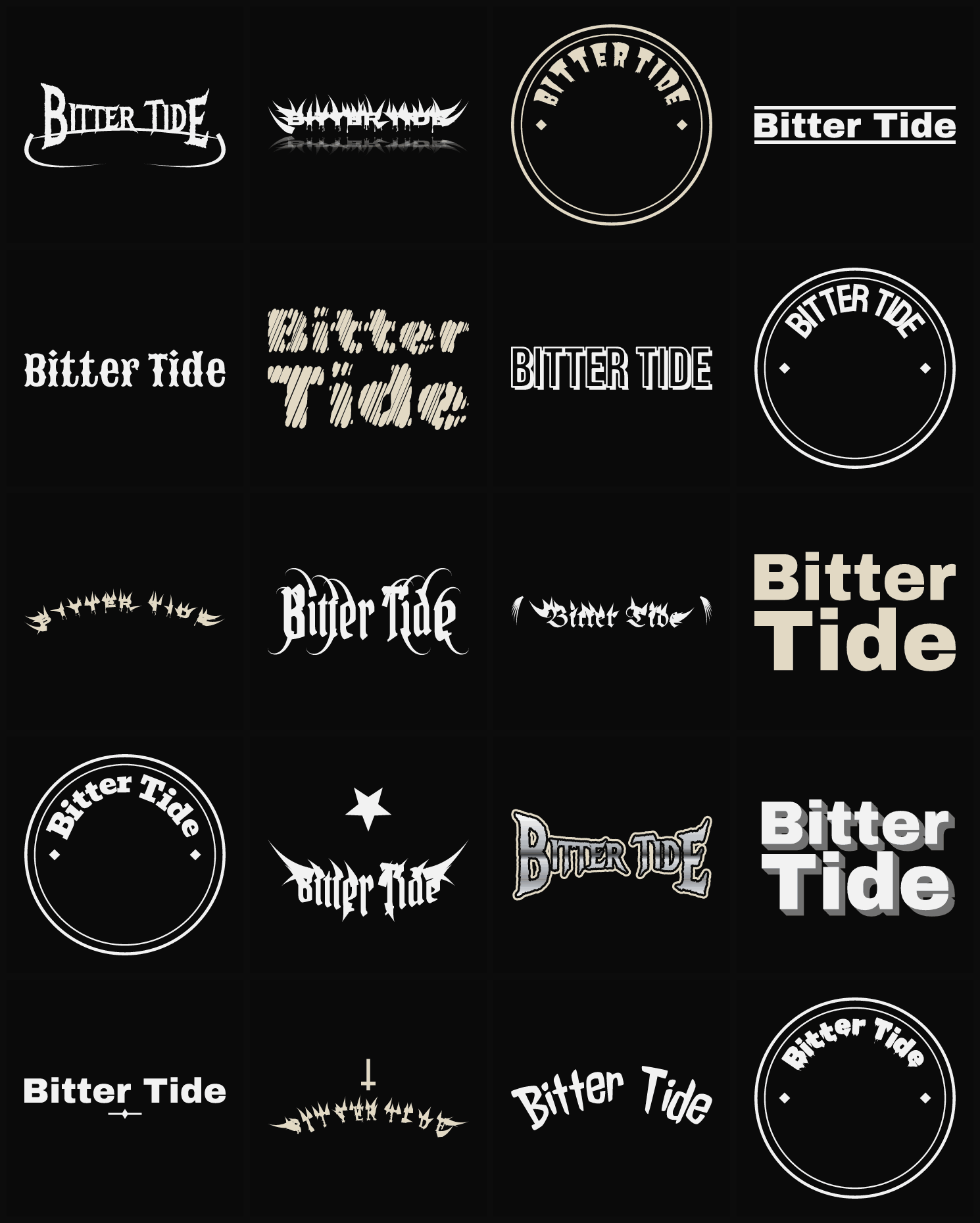 Twenty Bitter Tide band logo ideas — different faces, treatments and spike settings