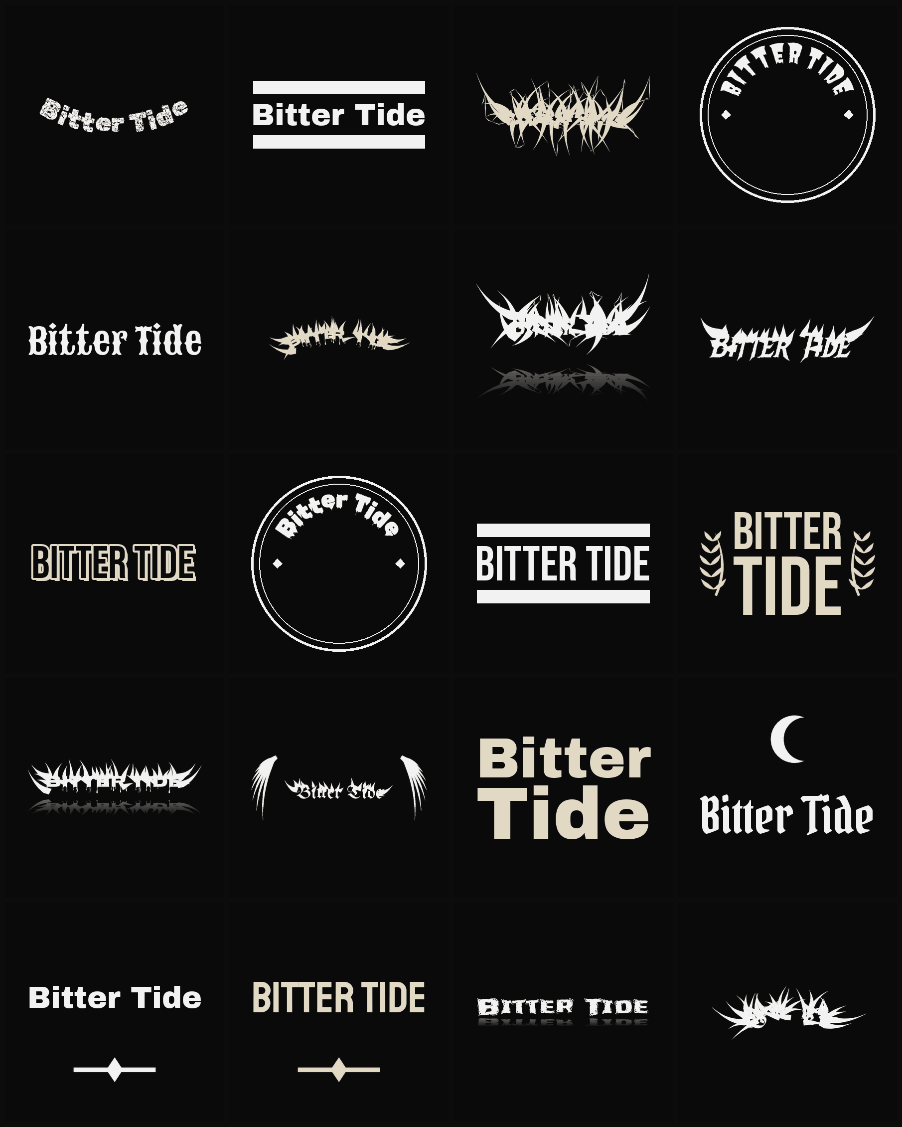 Twenty Bitter Tide band logo ideas — different faces, treatments and spike settings
