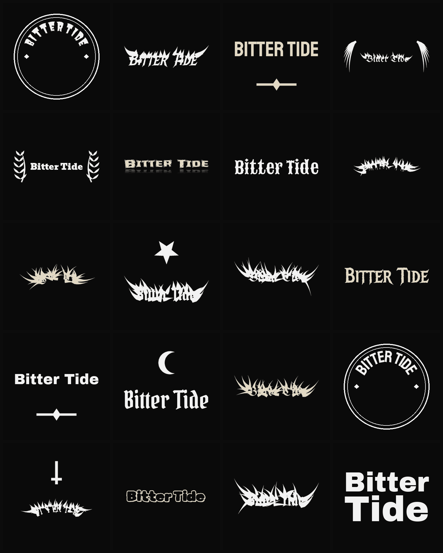 Twenty Bitter Tide band logo ideas — different faces, treatments and spike settings