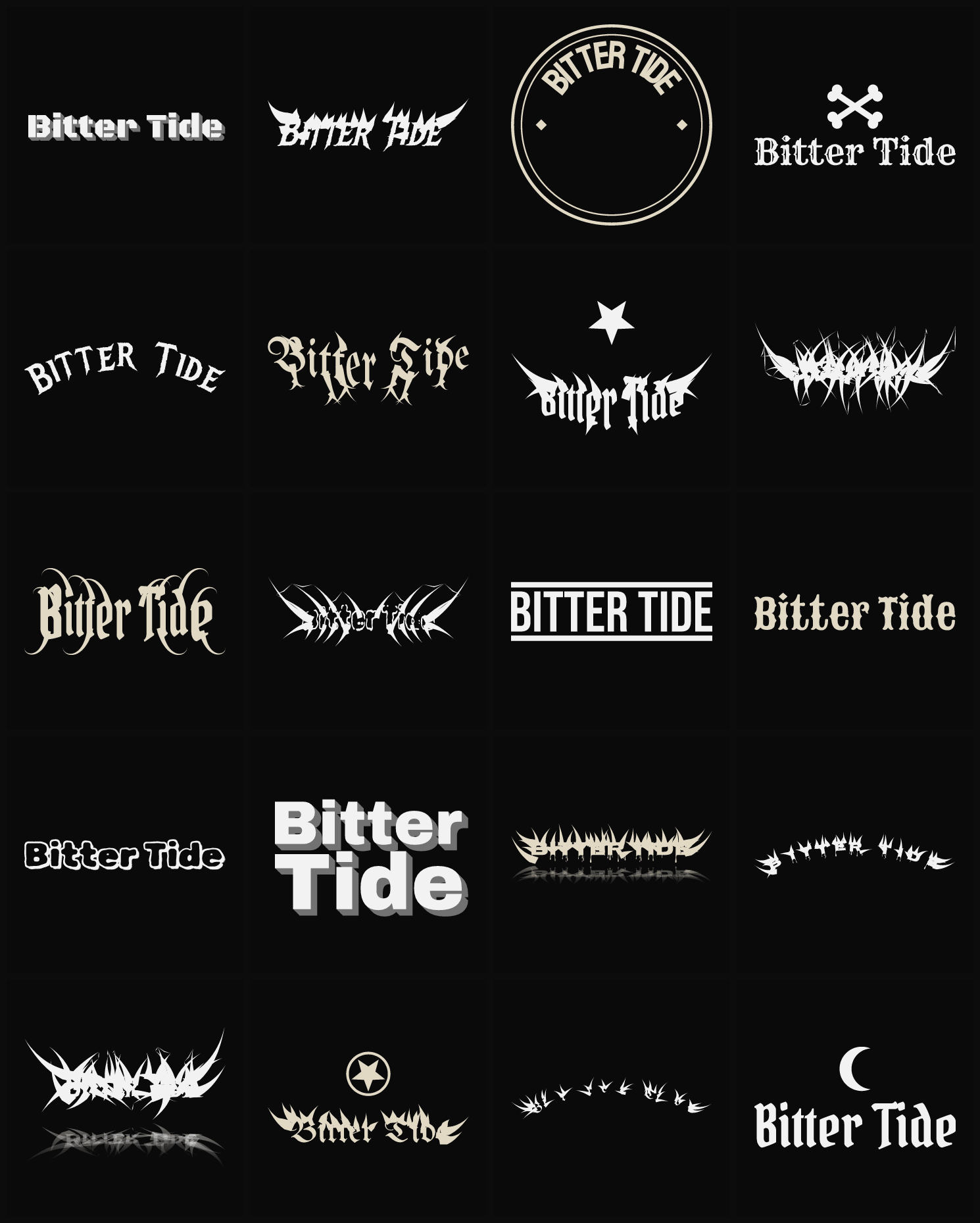 Twenty Bitter Tide band logo ideas — different faces, treatments and spike settings