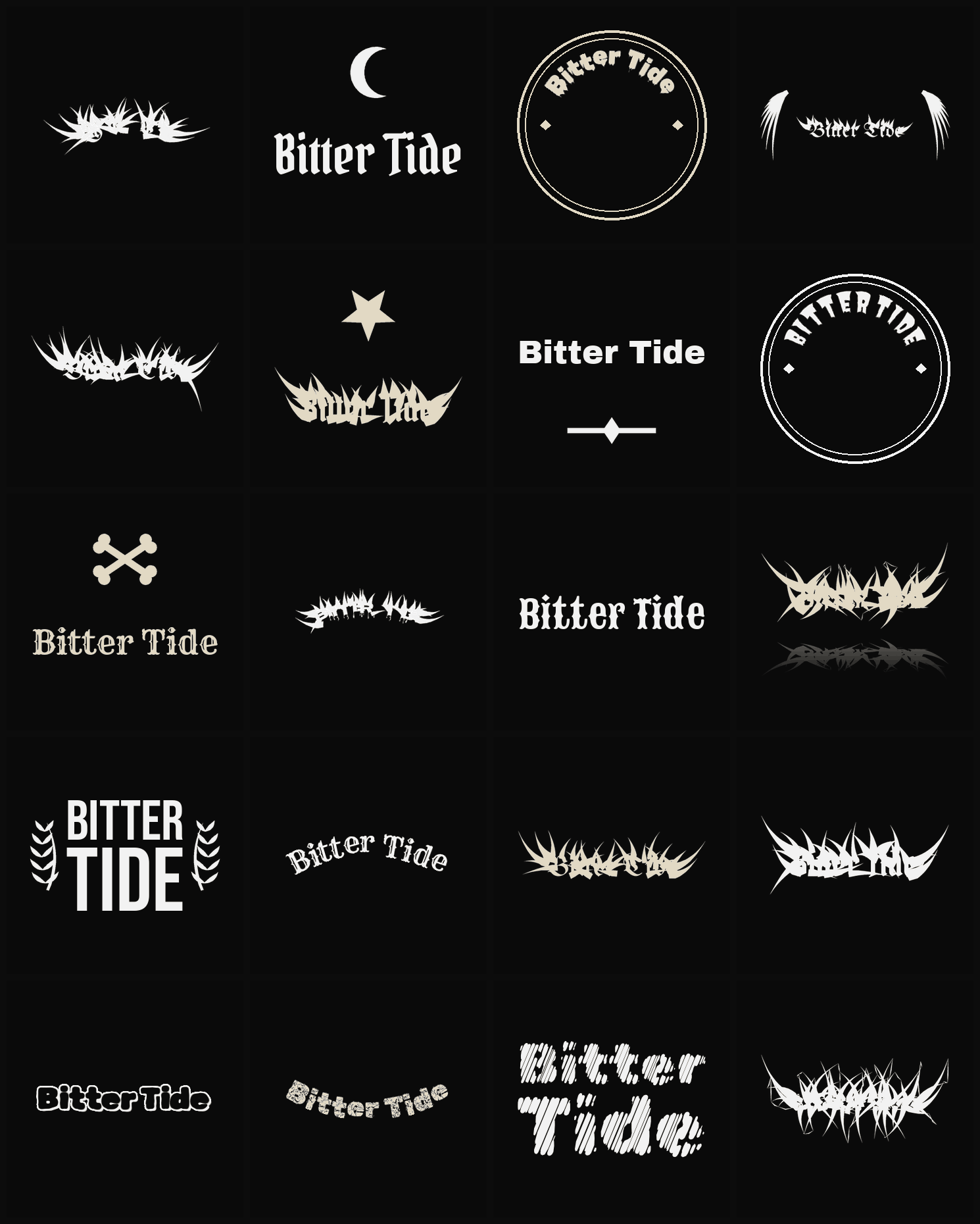Twenty Bitter Tide band logo ideas — different faces, treatments and spike settings
