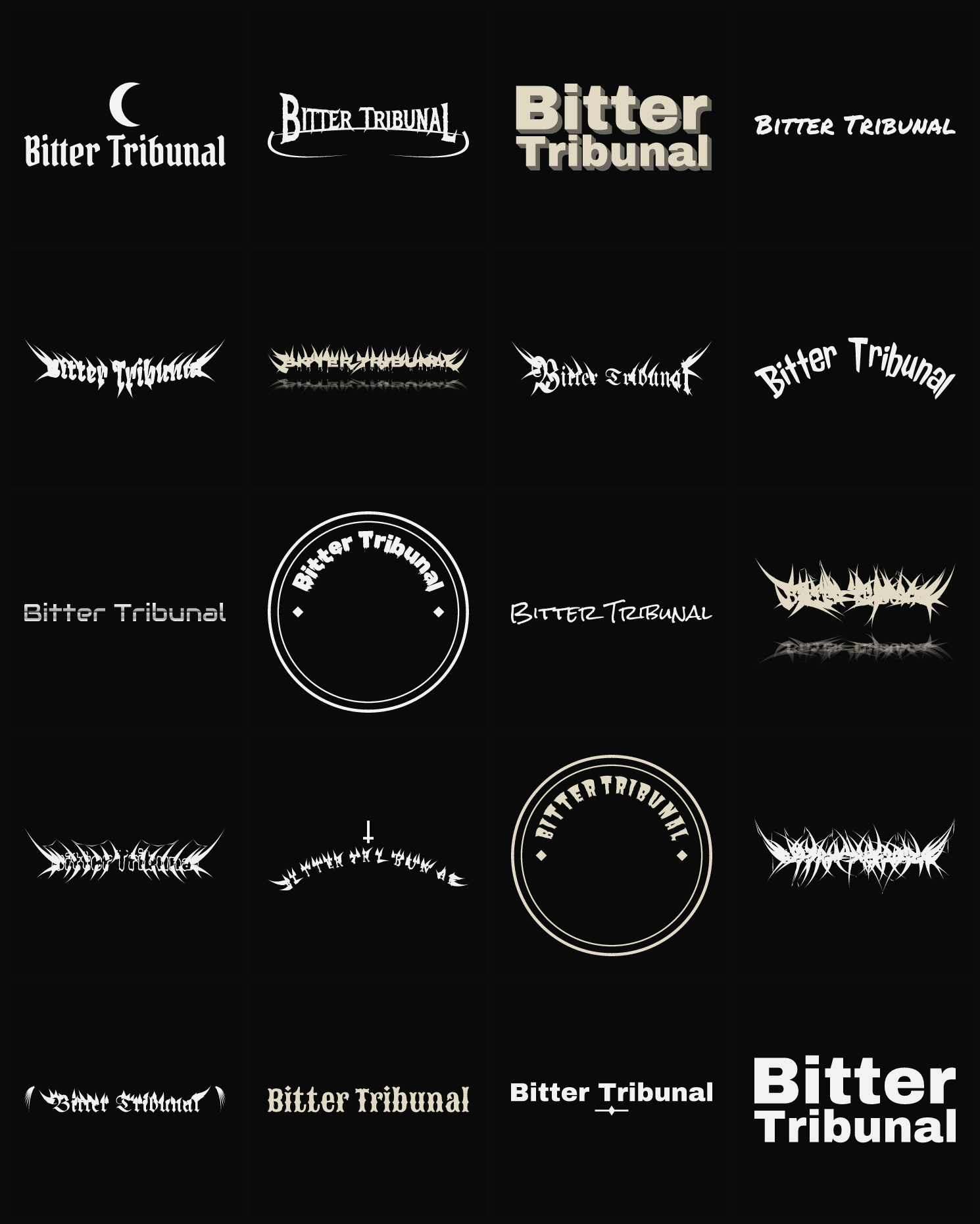 Twenty Bitter Tribunal band logo ideas — different faces, treatments and spike settings