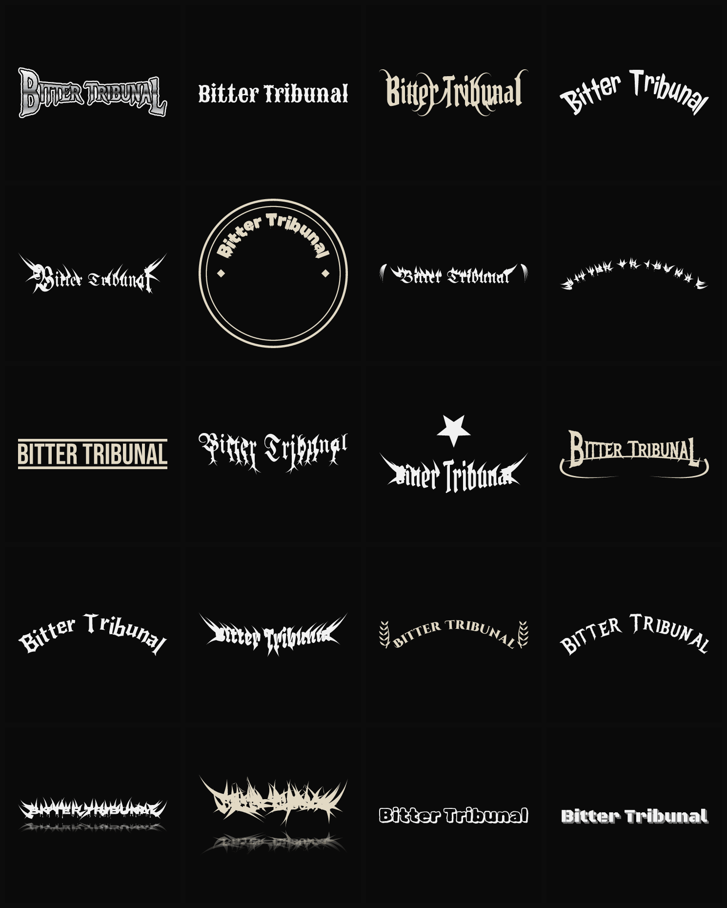 Twenty Bitter Tribunal band logo ideas — different faces, treatments and spike settings