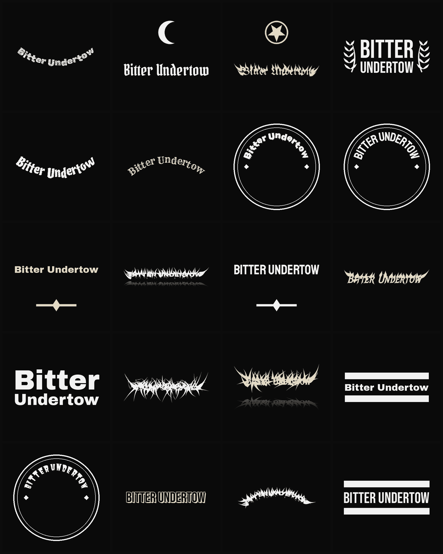 Twenty Bitter Undertow band logo ideas — different faces, treatments and spike settings