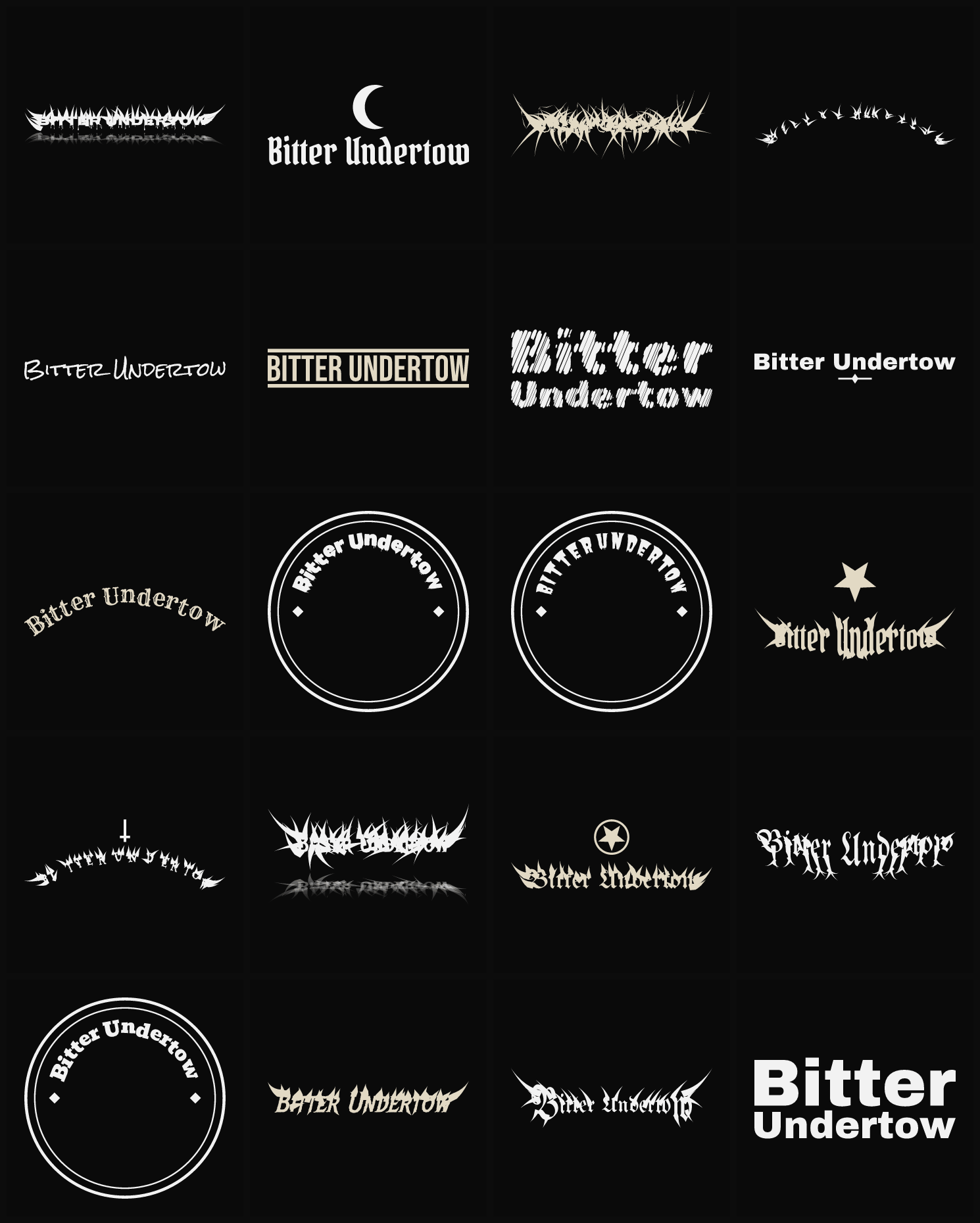 Twenty Bitter Undertow band logo ideas — different faces, treatments and spike settings