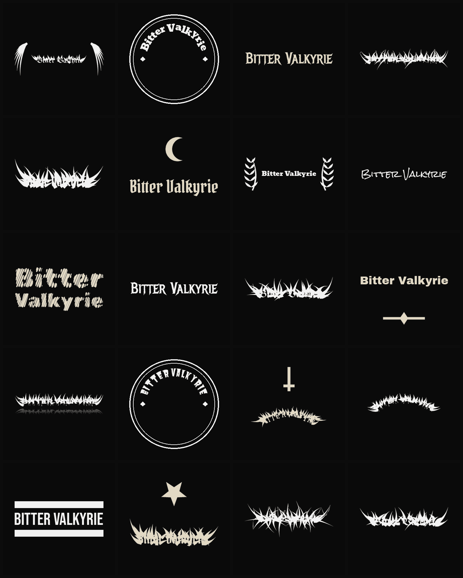 Twenty Bitter Valkyrie band logo ideas — different faces, treatments and spike settings