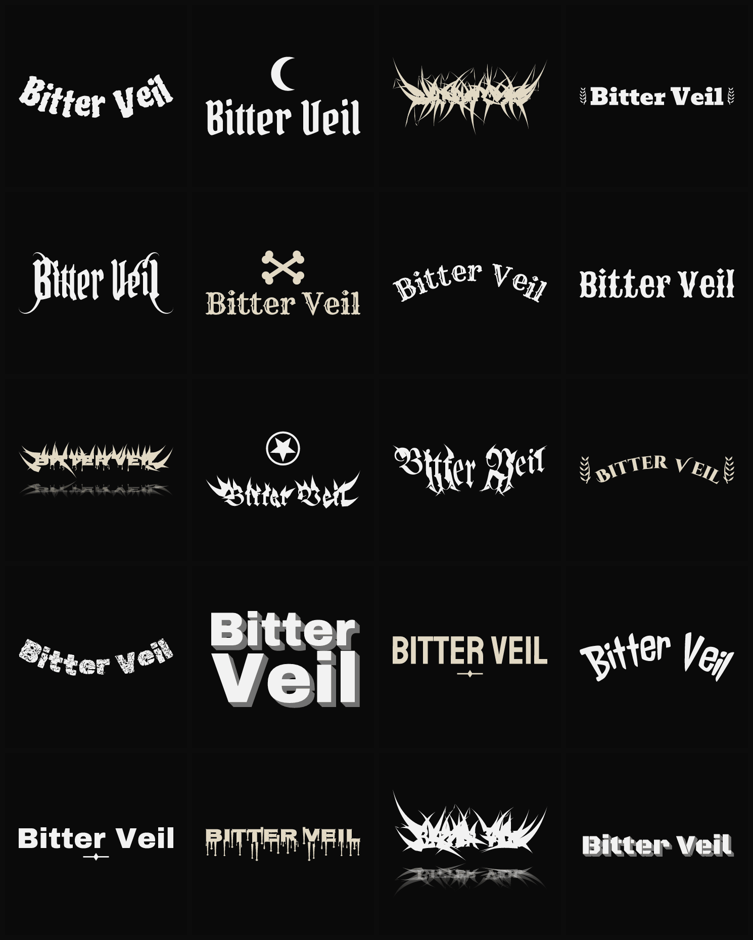 Twenty Bitter Veil band logo ideas — different faces, treatments and spike settings
