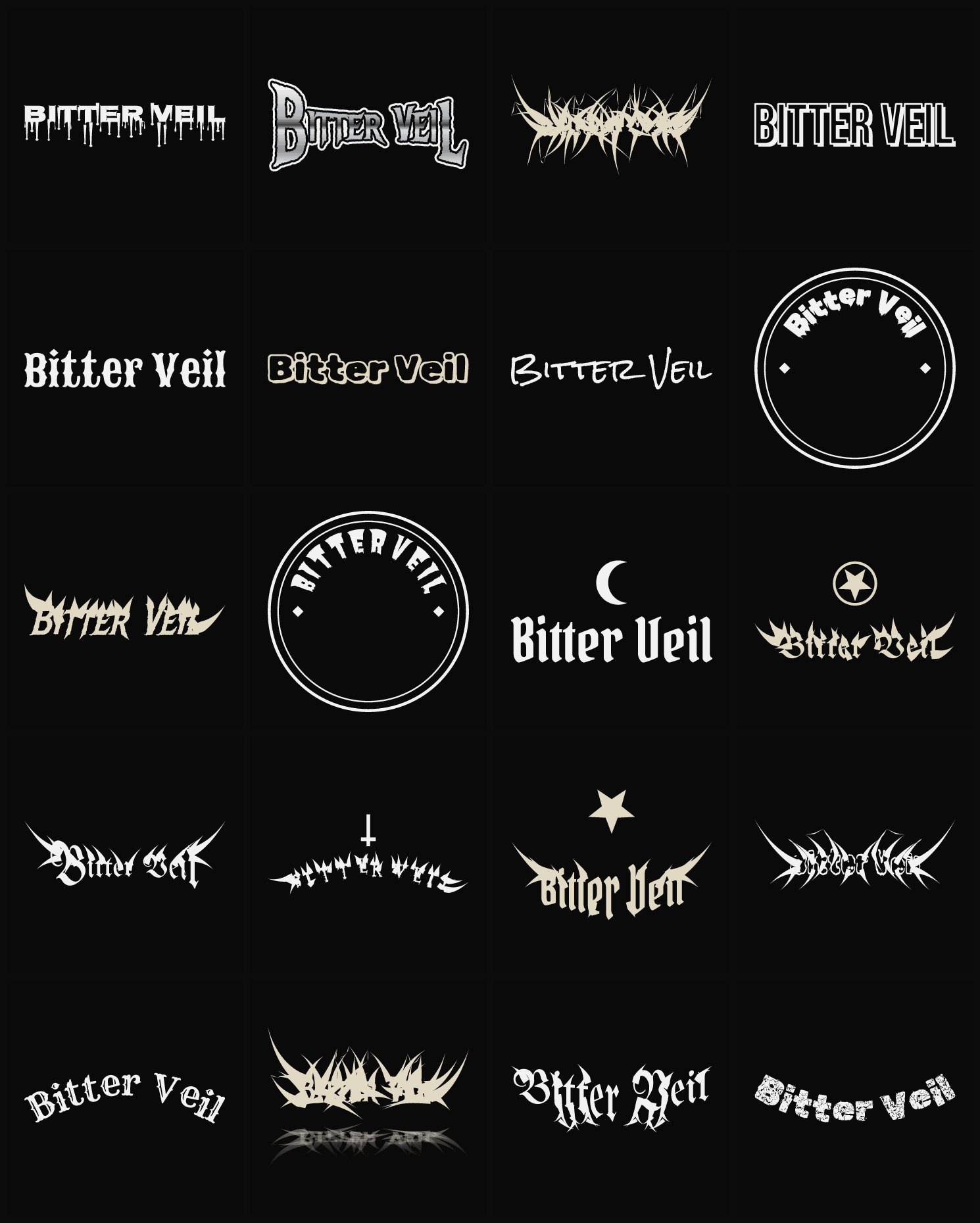 Twenty Bitter Veil band logo ideas — different faces, treatments and spike settings