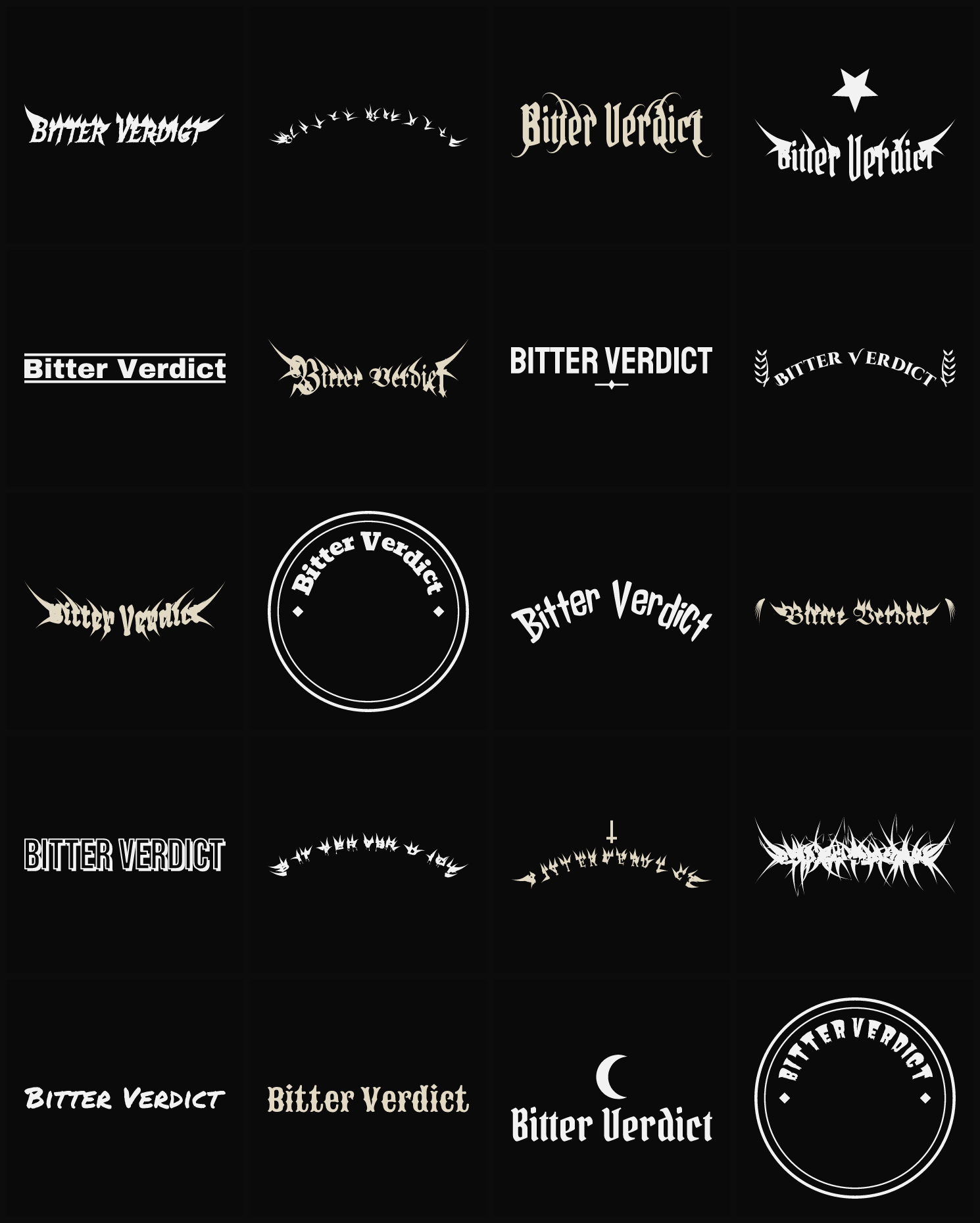 Twenty Bitter Verdict band logo ideas — different faces, treatments and spike settings
