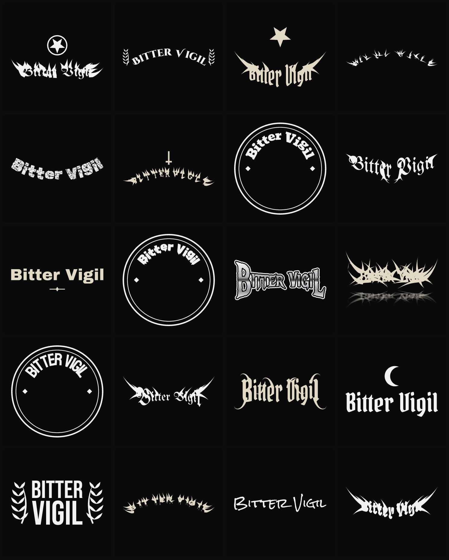Twenty Bitter Vigil band logo ideas — different faces, treatments and spike settings
