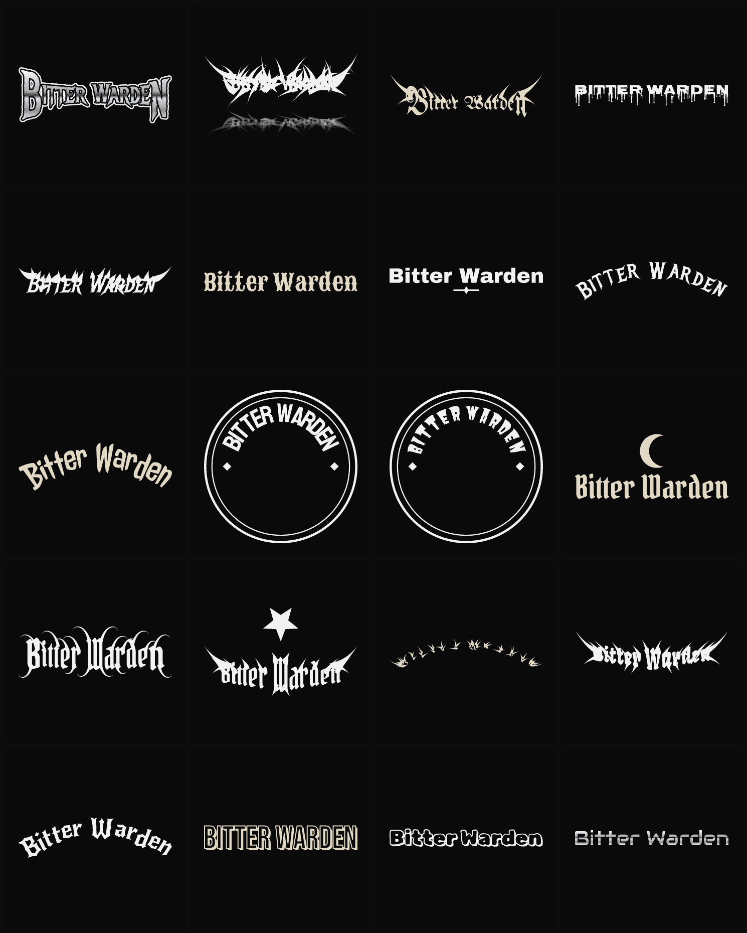 Twenty Bitter Warden band logo ideas — different faces, treatments and spike settings