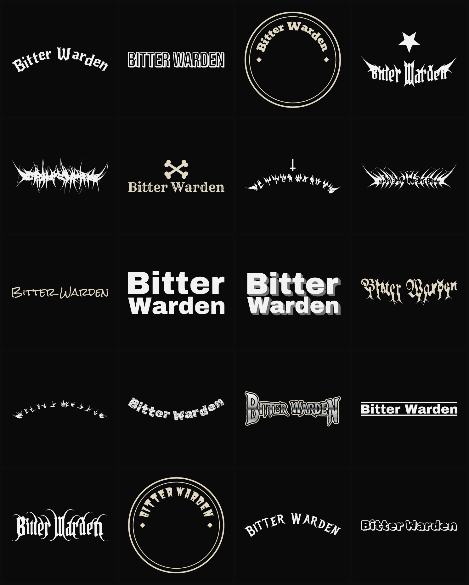 Twenty Bitter Warden band logo ideas — different faces, treatments and spike settings