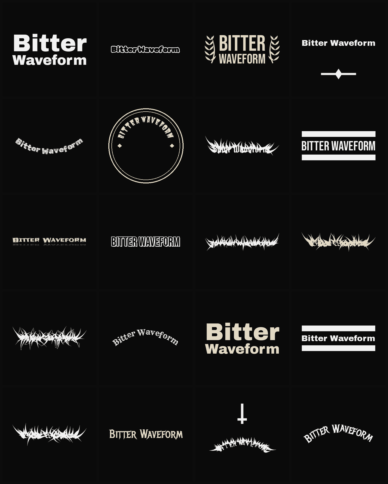 Twenty Bitter Waveform band logo ideas — different faces, treatments and spike settings