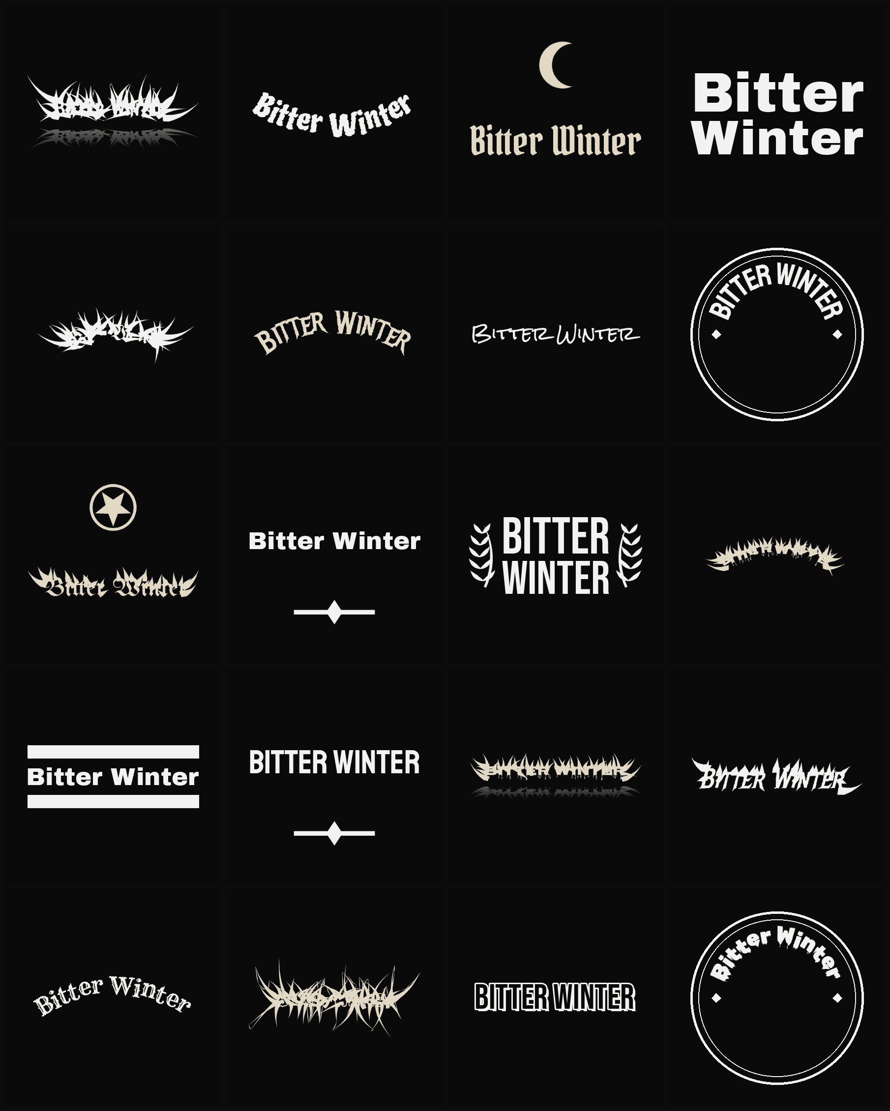 Twenty Bitter Winter band logo ideas — different faces, treatments and spike settings