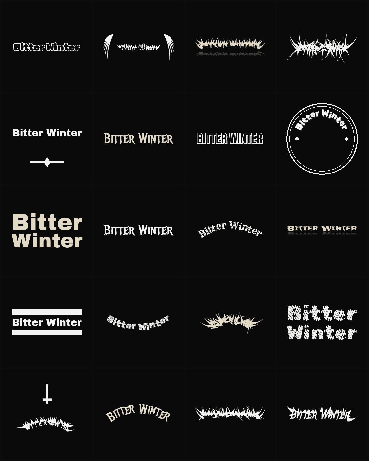 Twenty Bitter Winter band logo ideas — different faces, treatments and spike settings