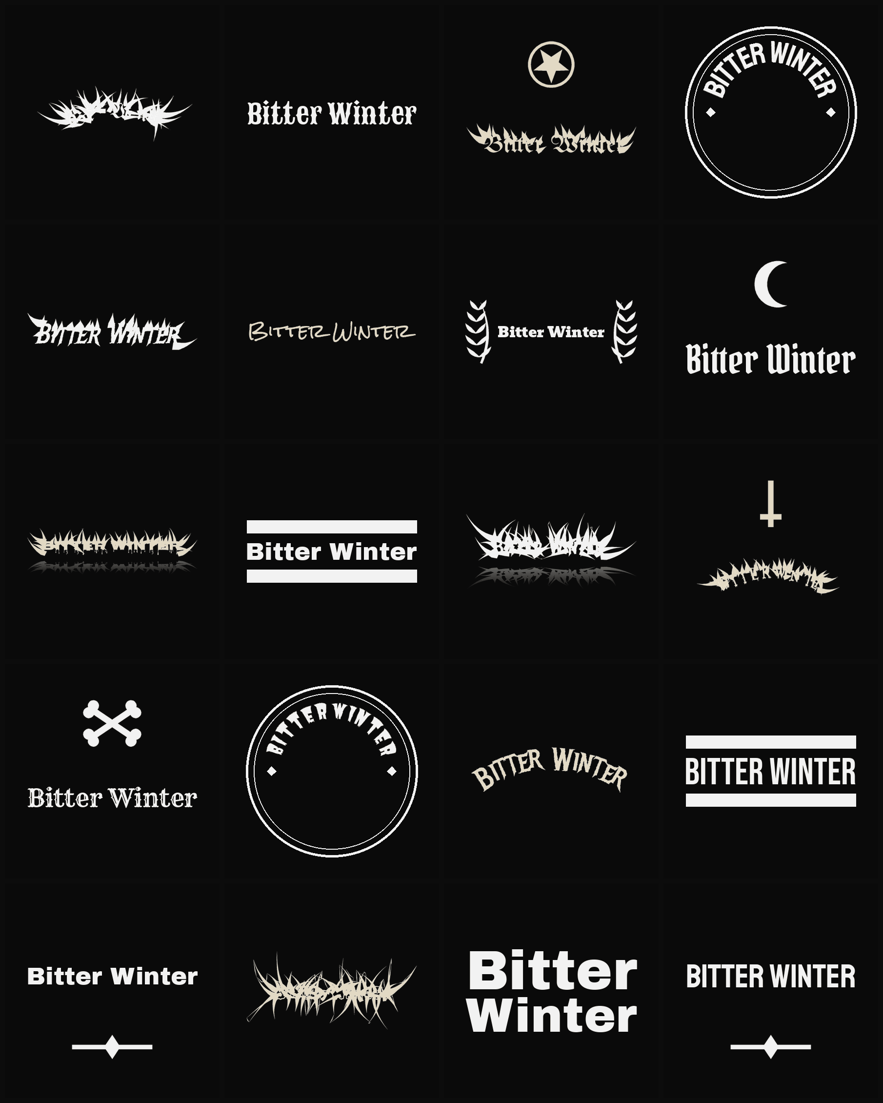 Twenty Bitter Winter band logo ideas — different faces, treatments and spike settings