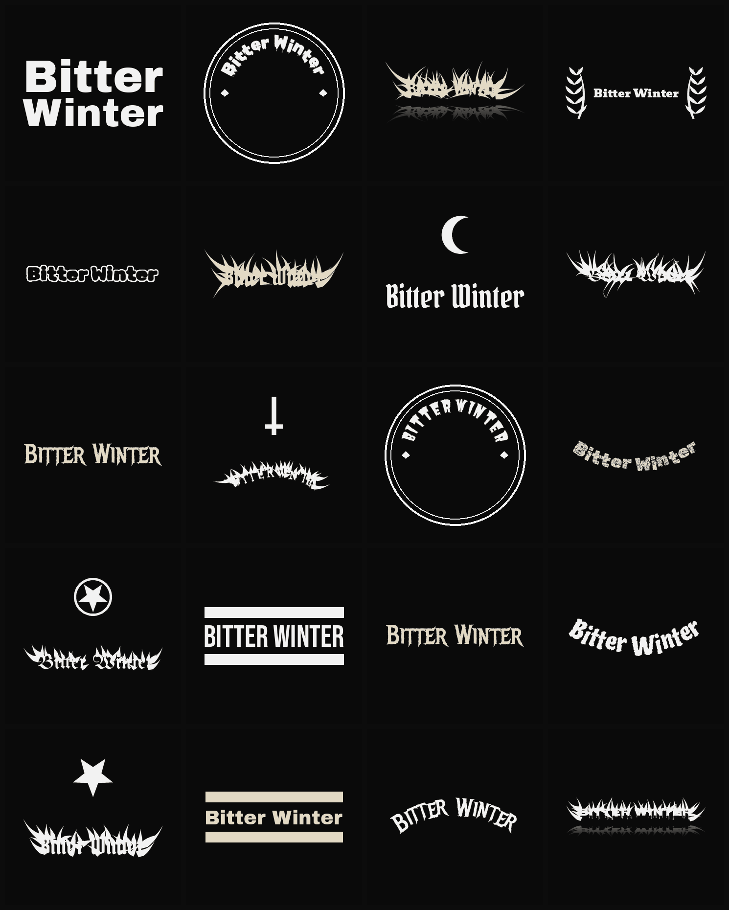 Twenty Bitter Winter band logo ideas — different faces, treatments and spike settings