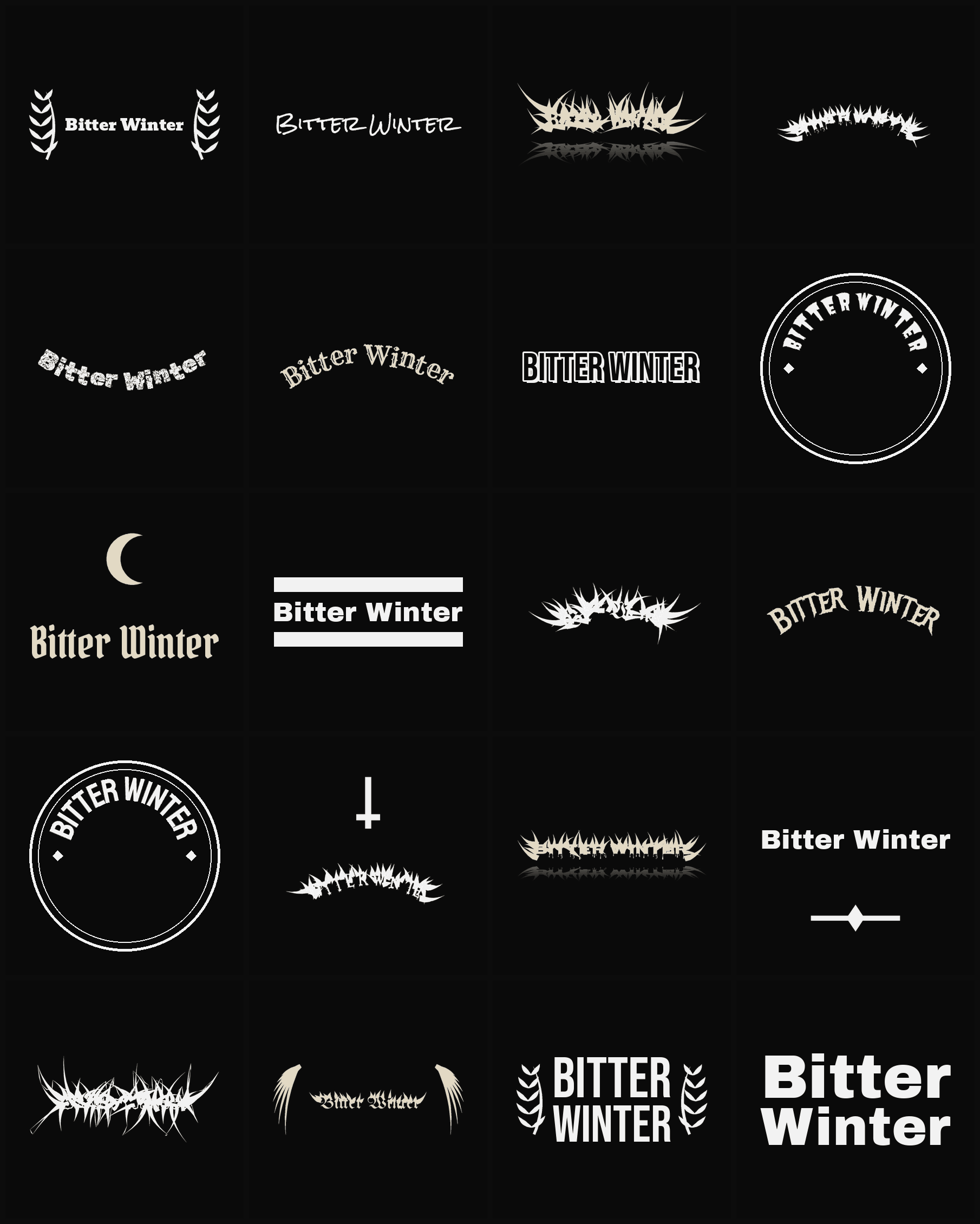 Twenty Bitter Winter band logo ideas — different faces, treatments and spike settings