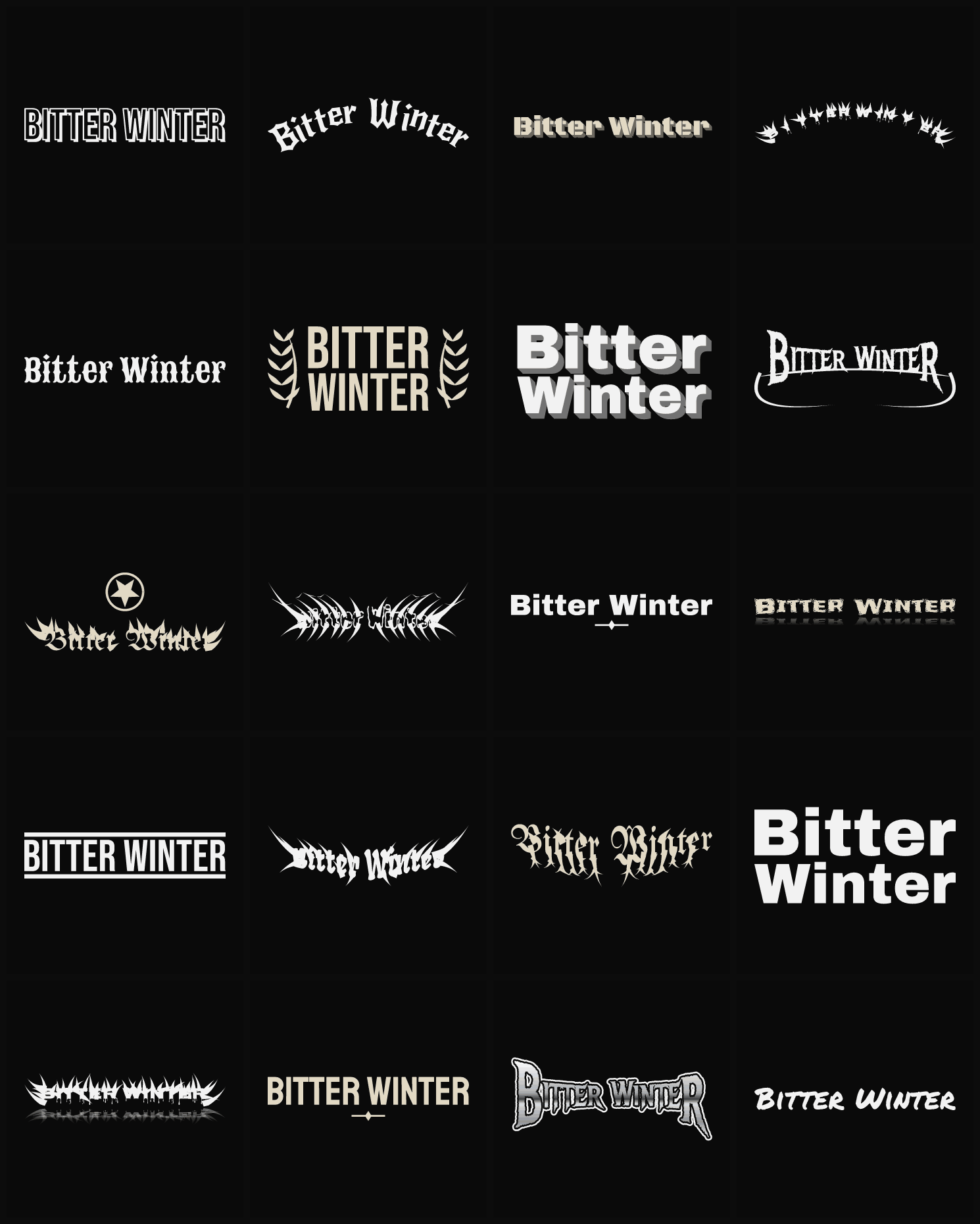 Twenty Bitter Winter band logo ideas — different faces, treatments and spike settings