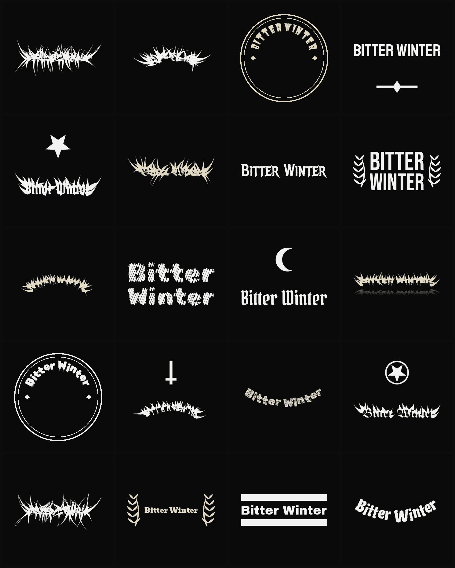 Twenty Bitter Winter band logo ideas — different faces, treatments and spike settings