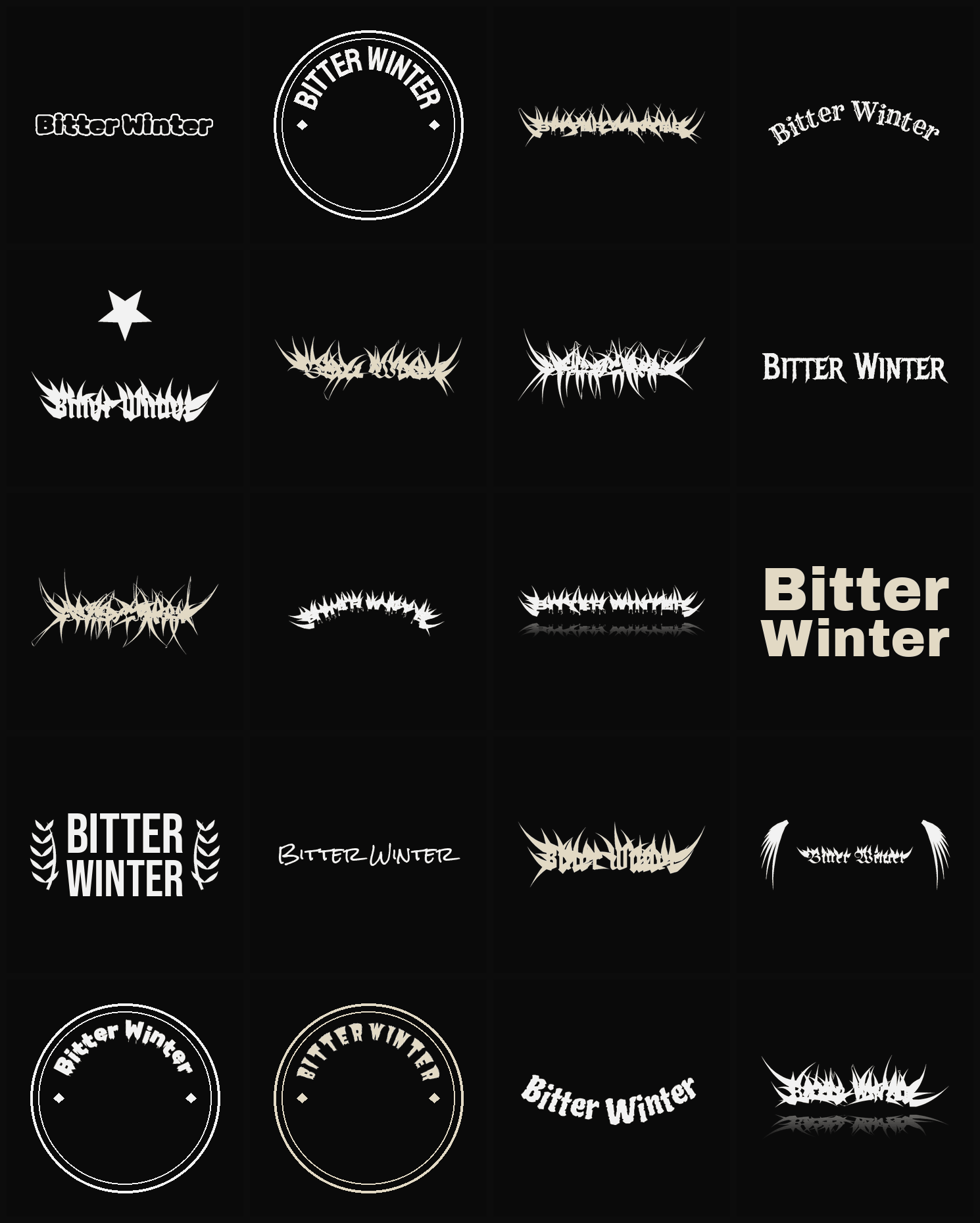 Twenty Bitter Winter band logo ideas — different faces, treatments and spike settings