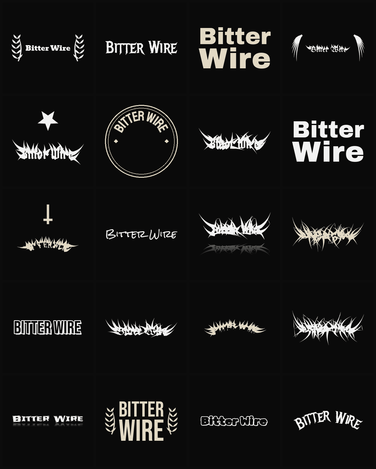 Twenty Bitter Wire band logo ideas — different faces, treatments and spike settings