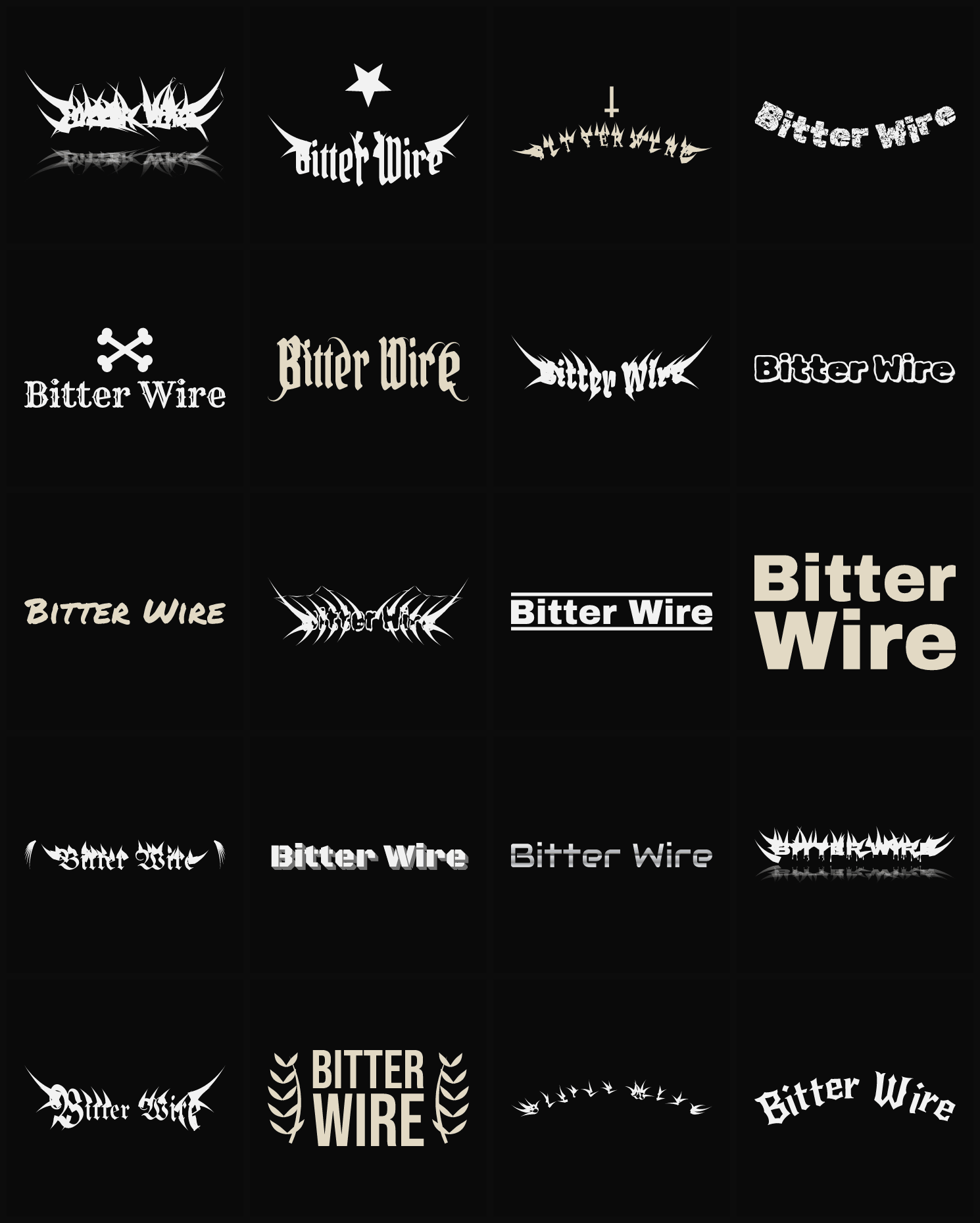 Twenty Bitter Wire band logo ideas — different faces, treatments and spike settings