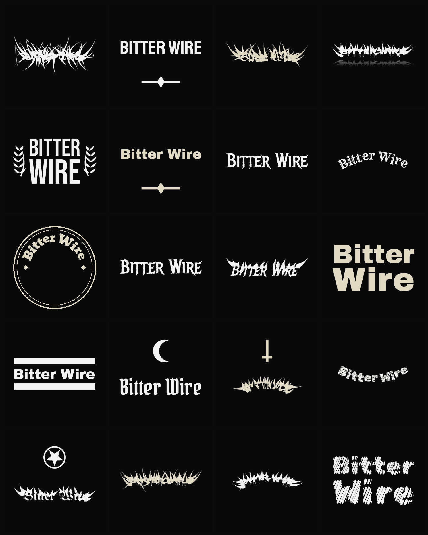 Twenty Bitter Wire band logo ideas — different faces, treatments and spike settings