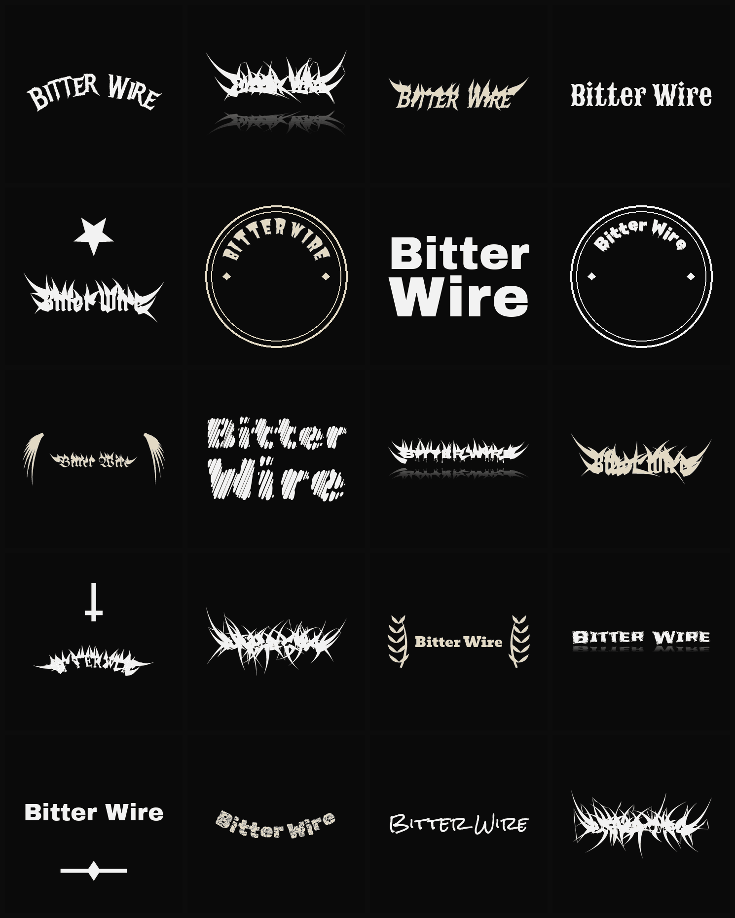 Twenty Bitter Wire band logo ideas — different faces, treatments and spike settings