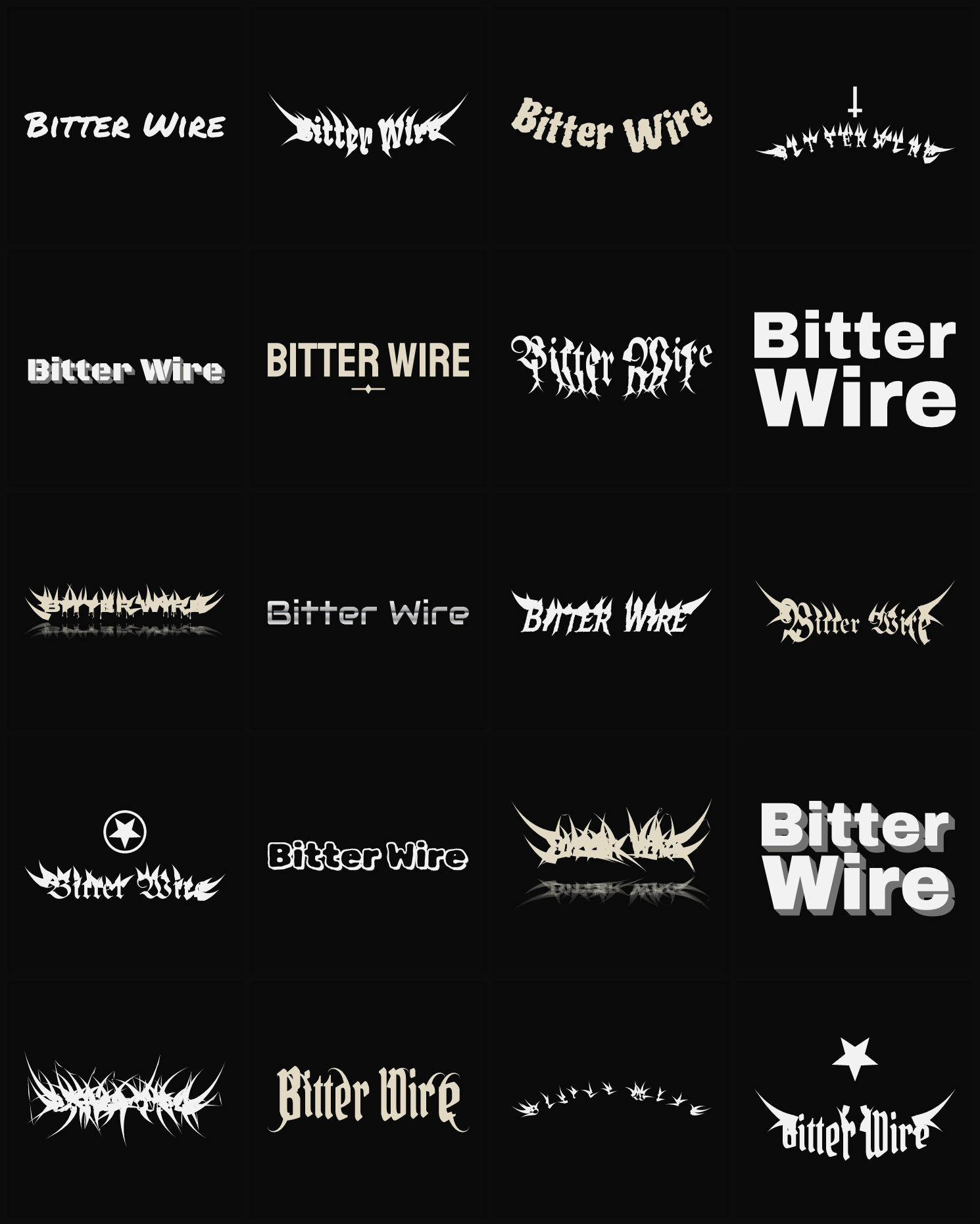 Twenty Bitter Wire band logo ideas — different faces, treatments and spike settings