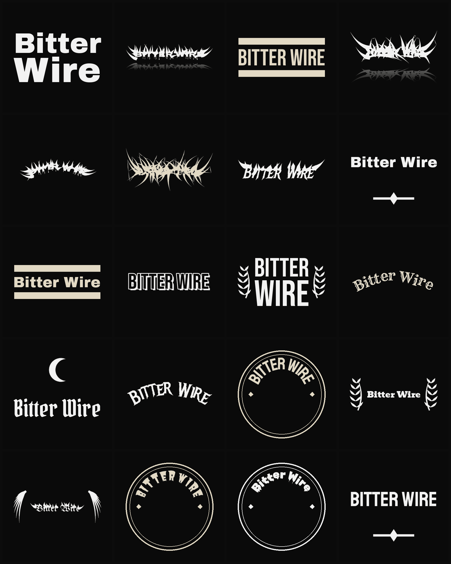 Twenty Bitter Wire band logo ideas — different faces, treatments and spike settings