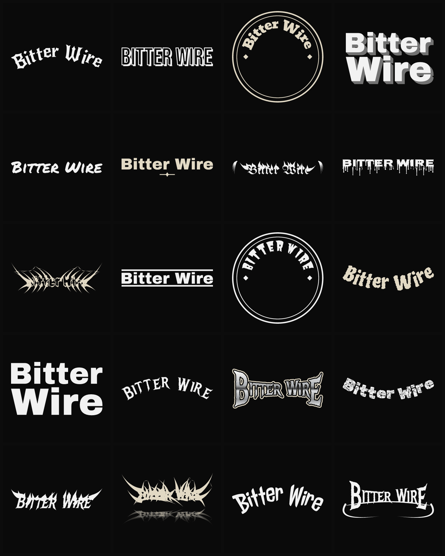 Twenty Bitter Wire band logo ideas — different faces, treatments and spike settings