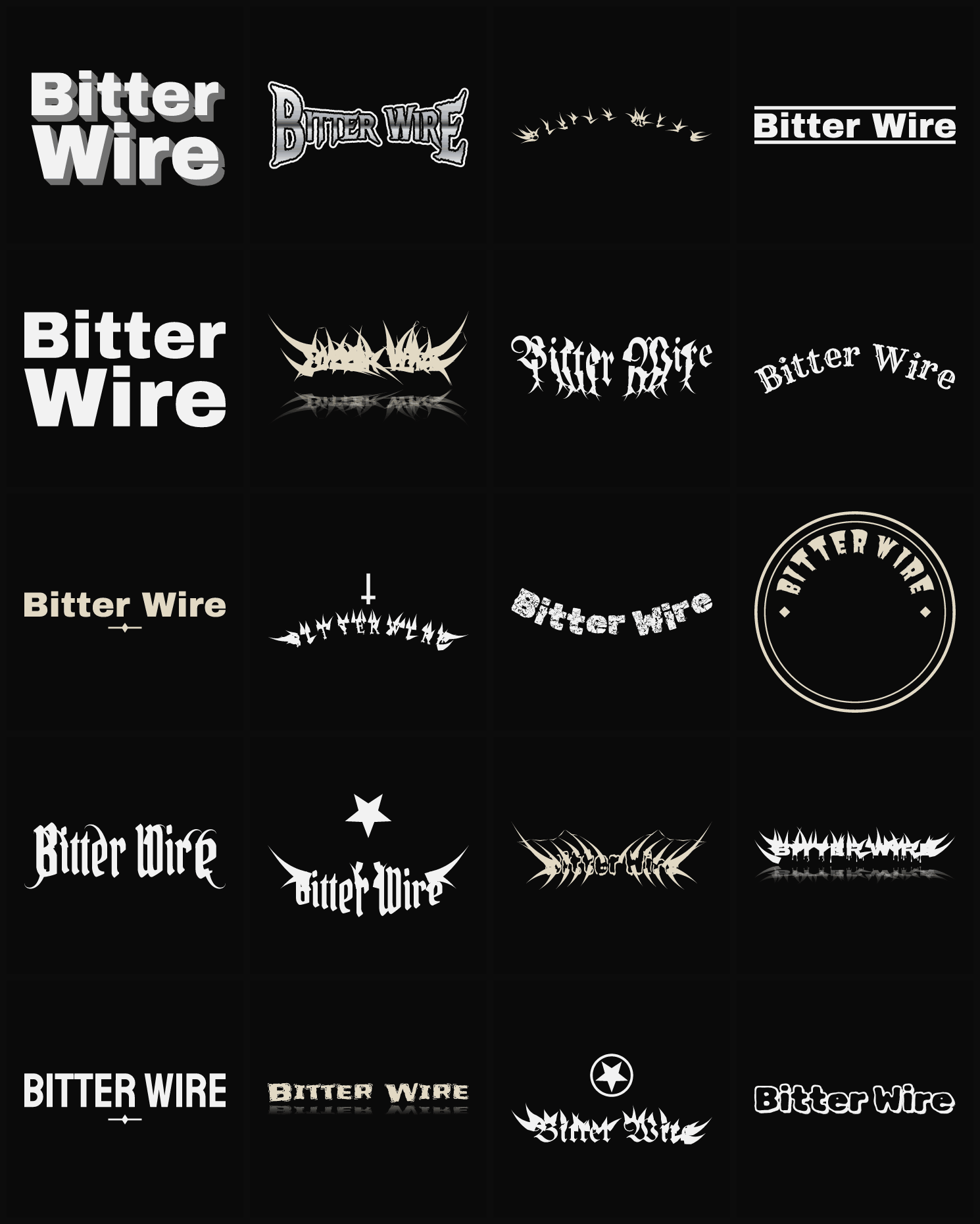 Twenty Bitter Wire band logo ideas — different faces, treatments and spike settings